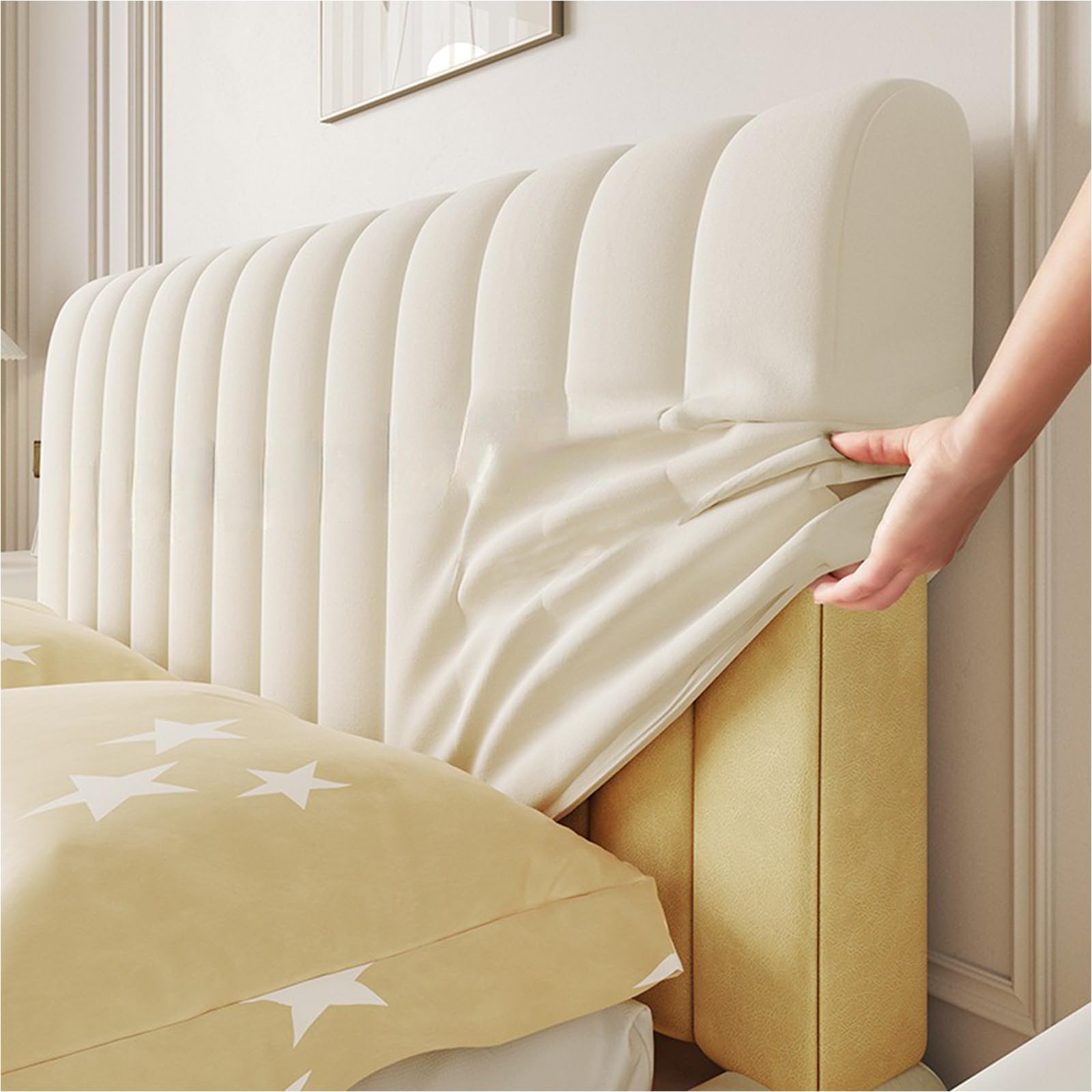 Velvet Quilted Headboard Cover for Full, Queen & King Size Beds - Thick Dustproof Headboard Slipcover Protector (Beige, Queen: 59