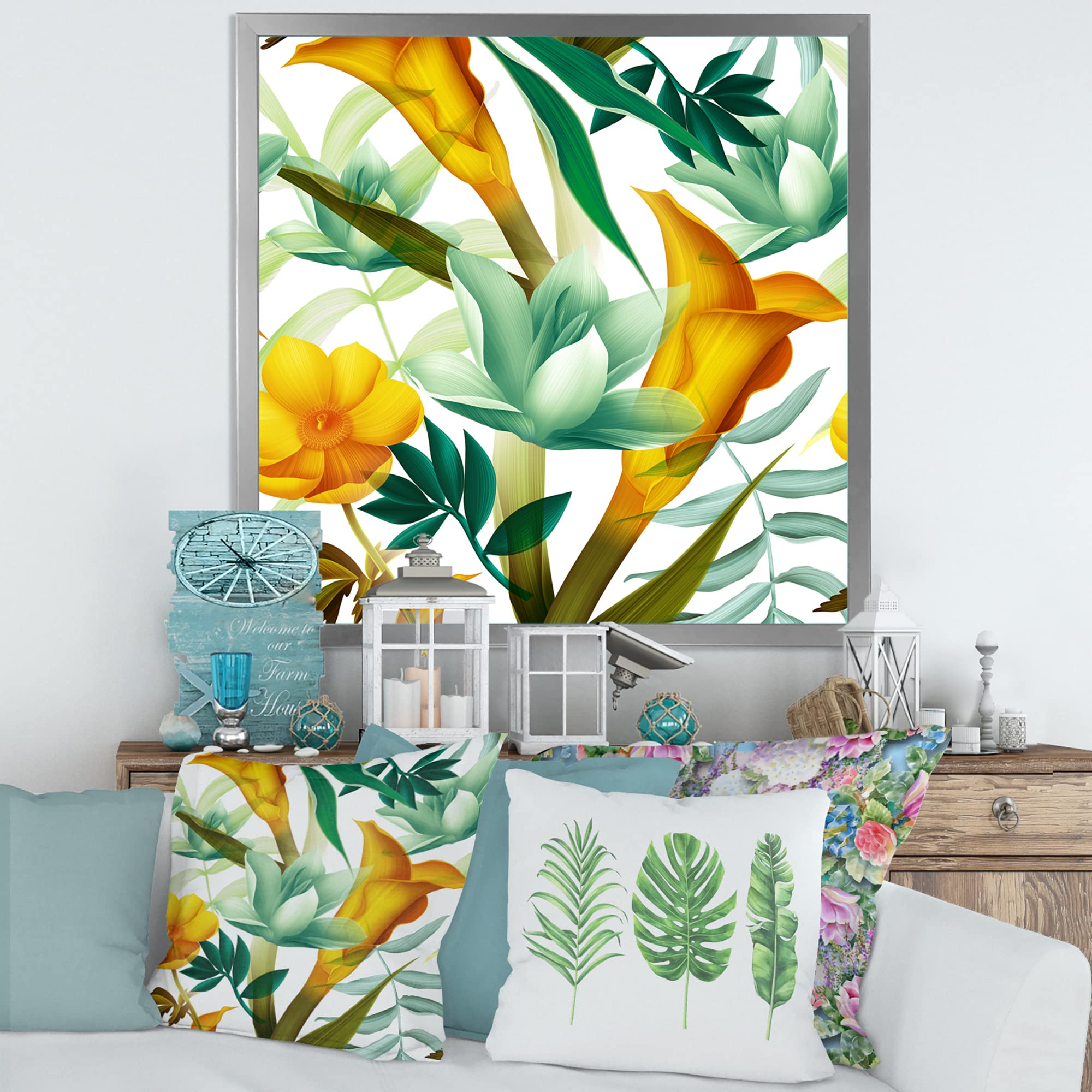Tropical Foliage & Yellow Flowers III - Modern Framed Wall Art Print - Perfect for Living Room, Bedroom & Office Decor