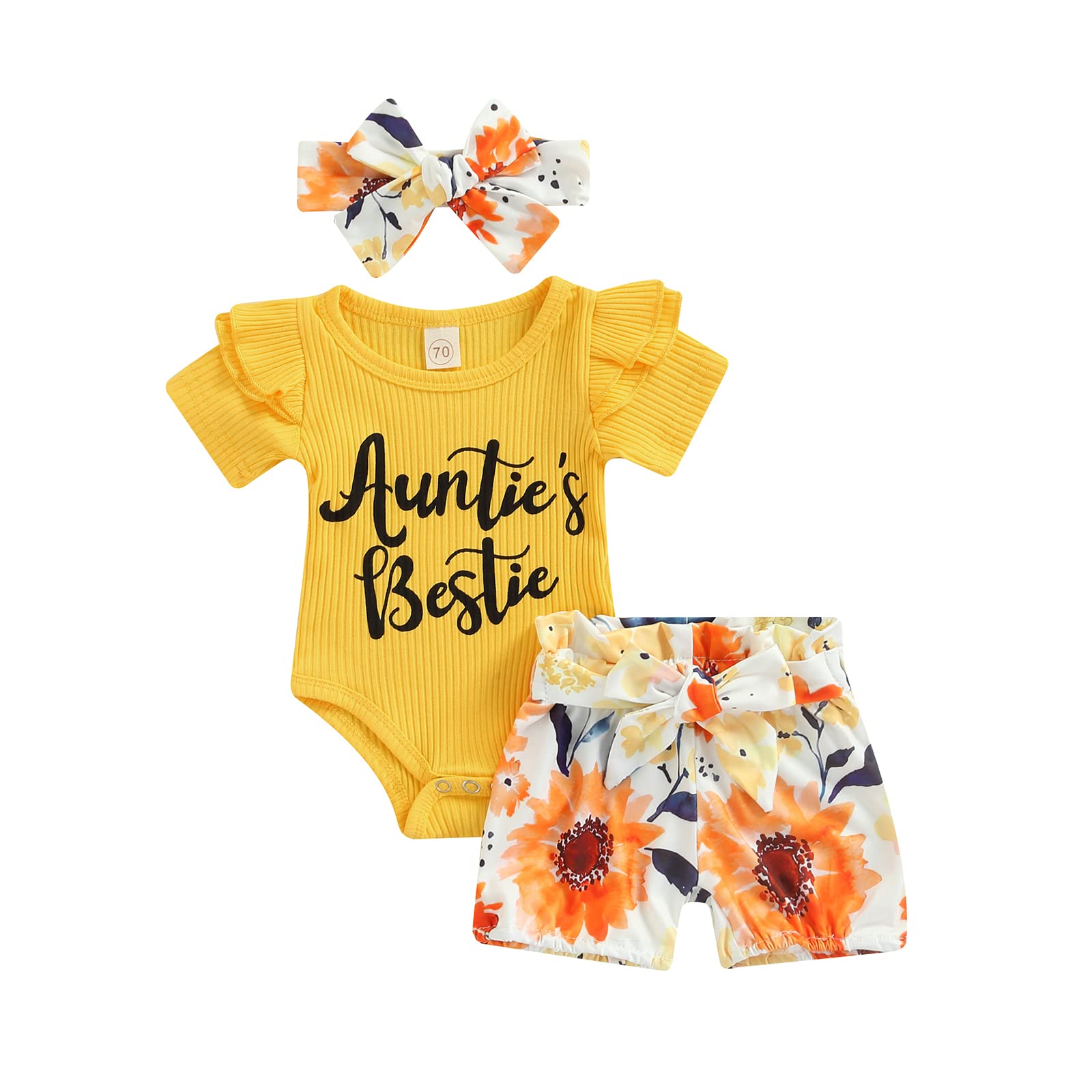 Adorable Newborn Baby Girl Outfit - Ribbed Romper with Ruffle Top & Floral Shorts Set + Headband | Perfect for Photoshoots, Parties & Everyday Wear