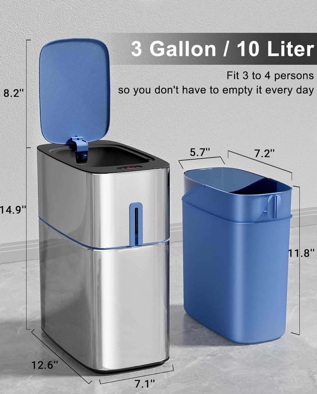 CTIME Slim Automatic Touchless Bathroom Trash Can - 3 Gallon Stainless Steel Garbage Bin with Lid, Motion Sensor Technology for Kitchen, Bathroom, Bedroom, Laundry, Office & RV (Big-Lid) - Perfect for Hygienic Waste Disposal in Small Spaces