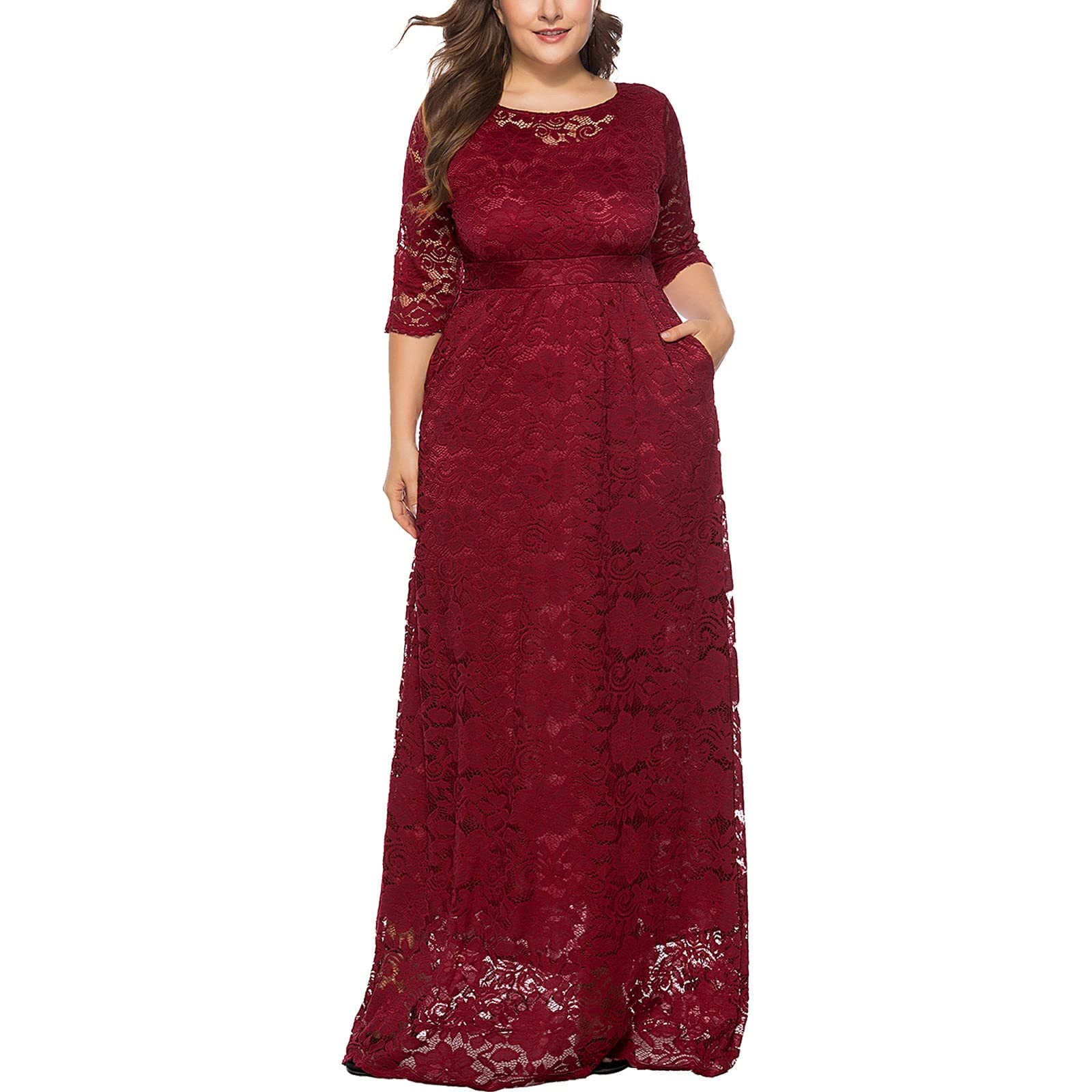 Women's Plus Size Belted Wrap Sweater Dress with Floral Lace - Scoop Neck Long Dress for Fall & Winter | Perfect for Office, Date Night & Holiday Parties