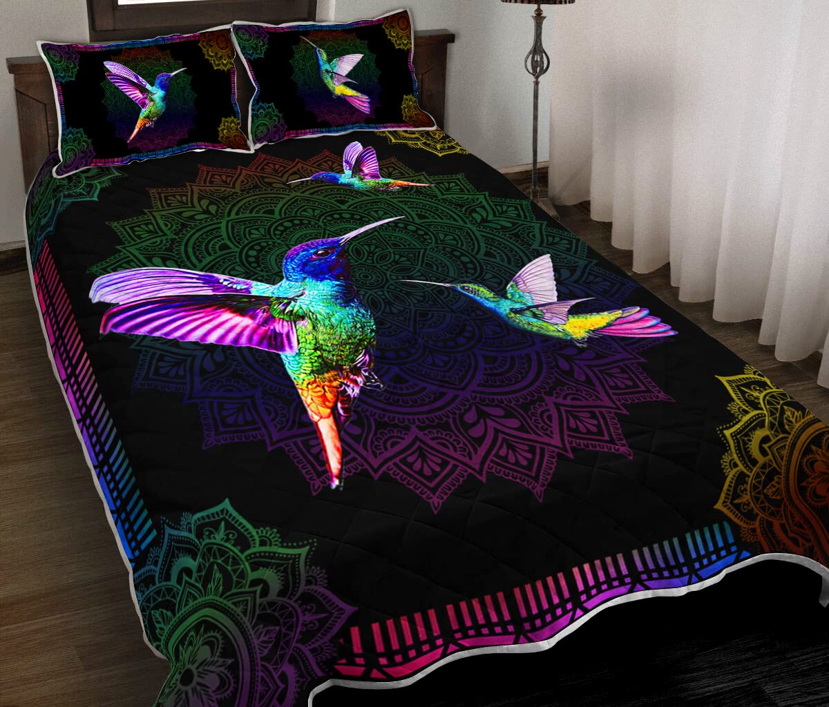 Vibrant Hummingbird Quilt Set - King/Queen Size Bedding with Mandala Design, Coverlet & Bedspread - Perfect for Home Decor, Wall Hanging, and Special Occasion Gifts (Mother's Day, 4th of July)