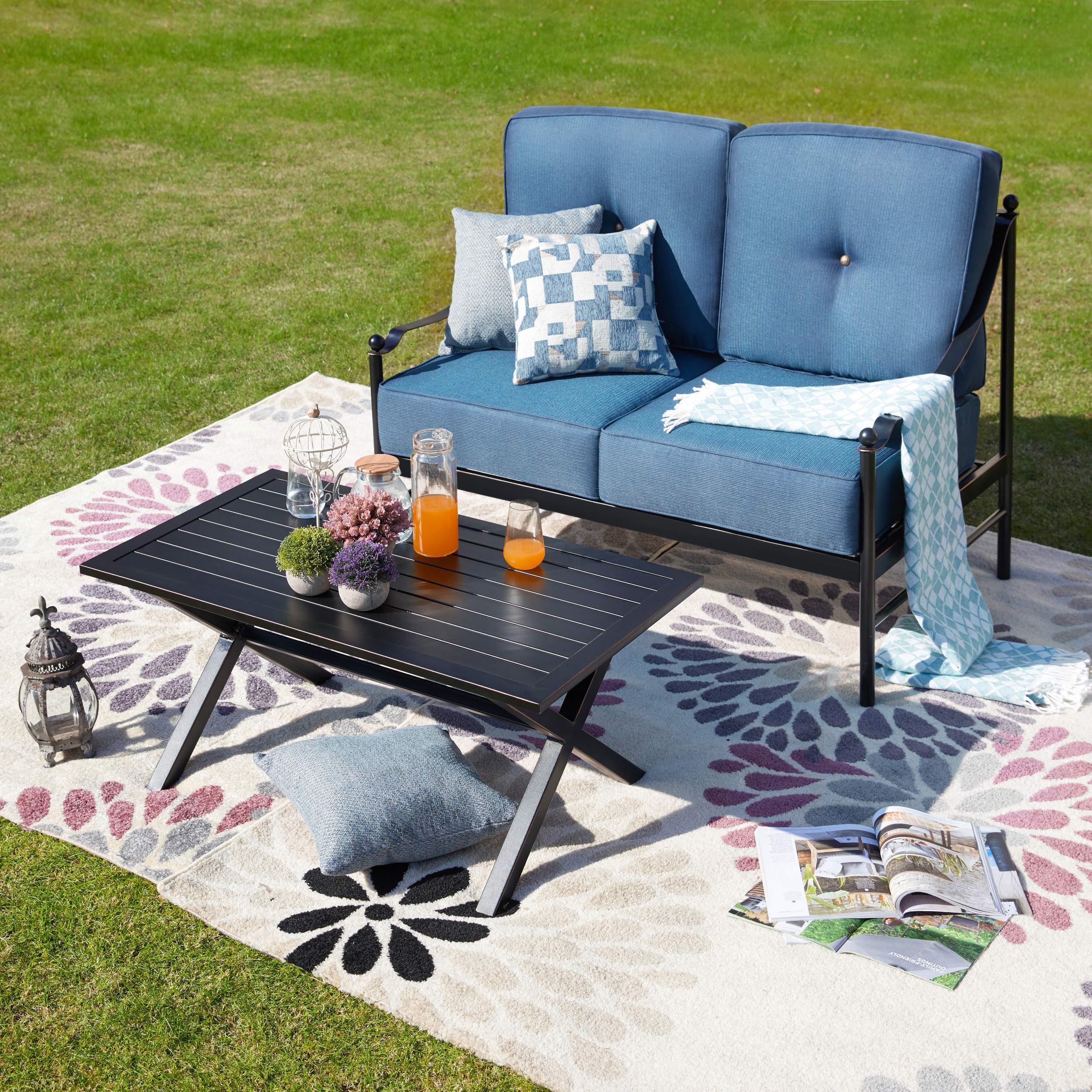 LOKATSE HOME 2-Piece Outdoor Patio Loveseat Set with Cushions & Coffee Table - Weather-Resistant Blue Garden Furniture for Backyard, Porch or Balcony Relaxation