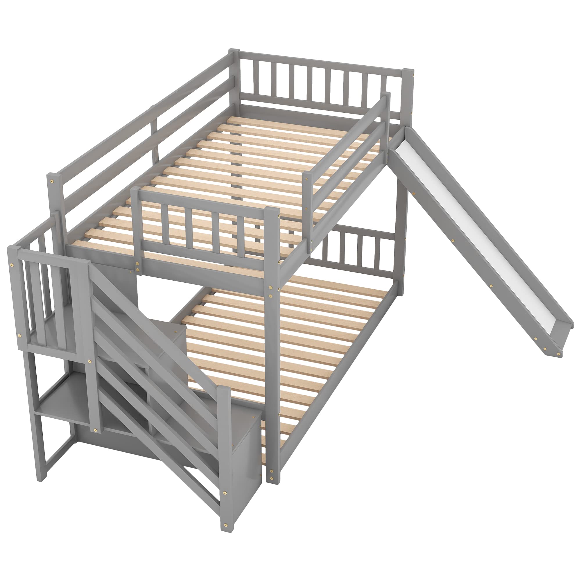 SOFTSEA Twin Over Twin Low Bunk Bed with Stairs and Slide - Kids & Teens Space-Saving Bedroom Furniture for Small Rooms, Dorms, and Sleepovers - Sturdy Wooden Loft Bed with Safety Rails