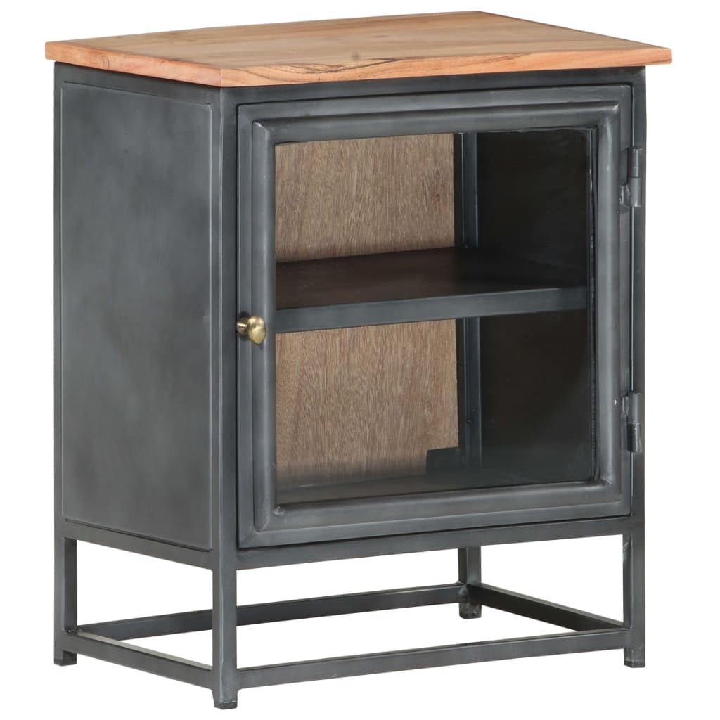 vidaXL Solid Acacia Wood Nightstand with Glass Door - Industrial Gray Bedside Cabinet for Bedroom, No Assembly Needed, Perfect for Modern Home Decor & Storage Solutions