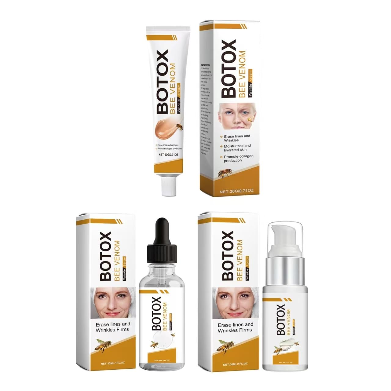 3-Pack Bee Venom Anti-Aging Skincare Set - Wrinkle Removal & Firming Cream Collection with Bee Venom Essence & Lotion for All Skin Types | Daily Moisturizing & Night Repair Routine