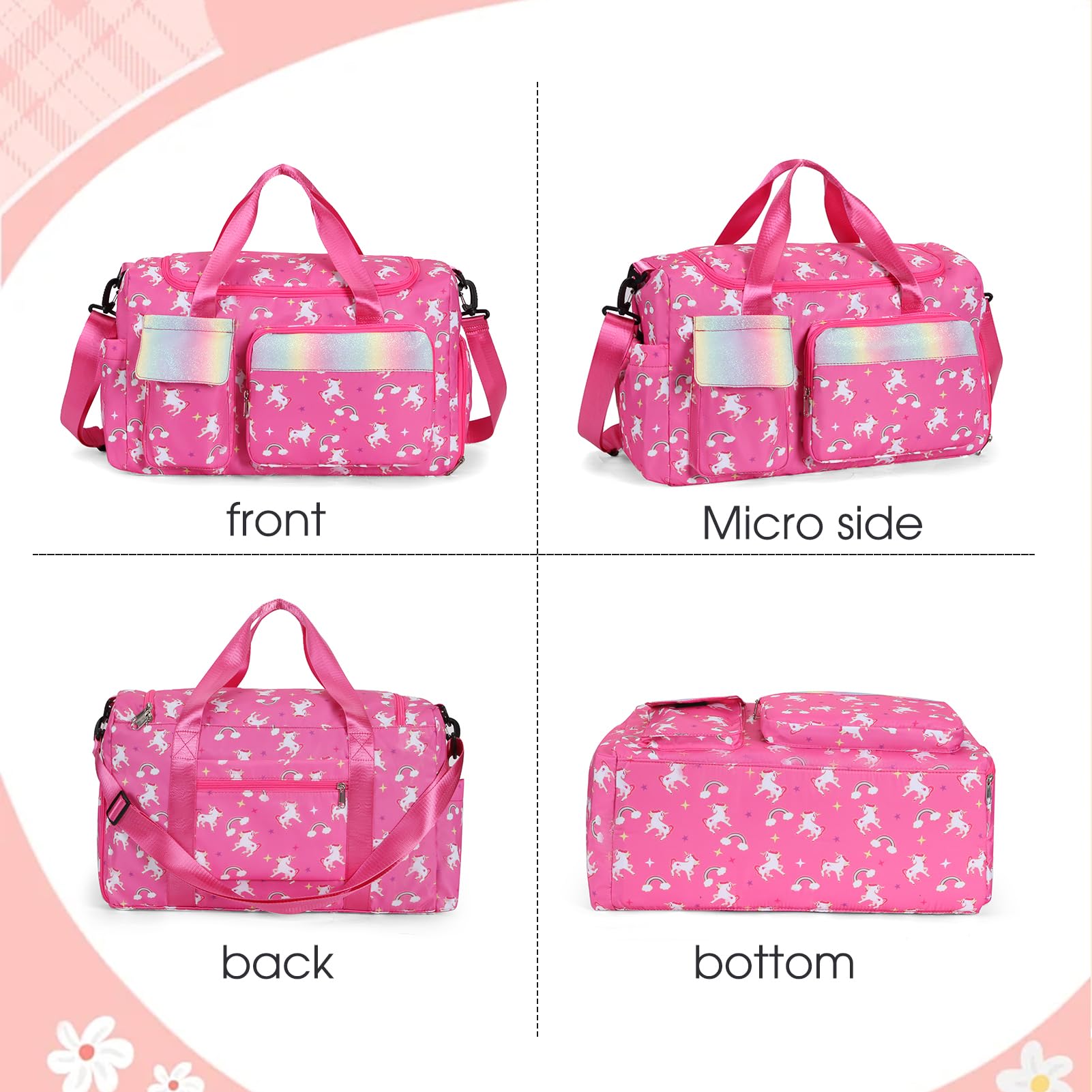 Unicorn Pink Kids Duffle Bag for Girls - Lightweight Travel & Dance Backpack with Separate Shoes Compartment - Perfect for Sleepovers, School Trips & Weekend Getaways