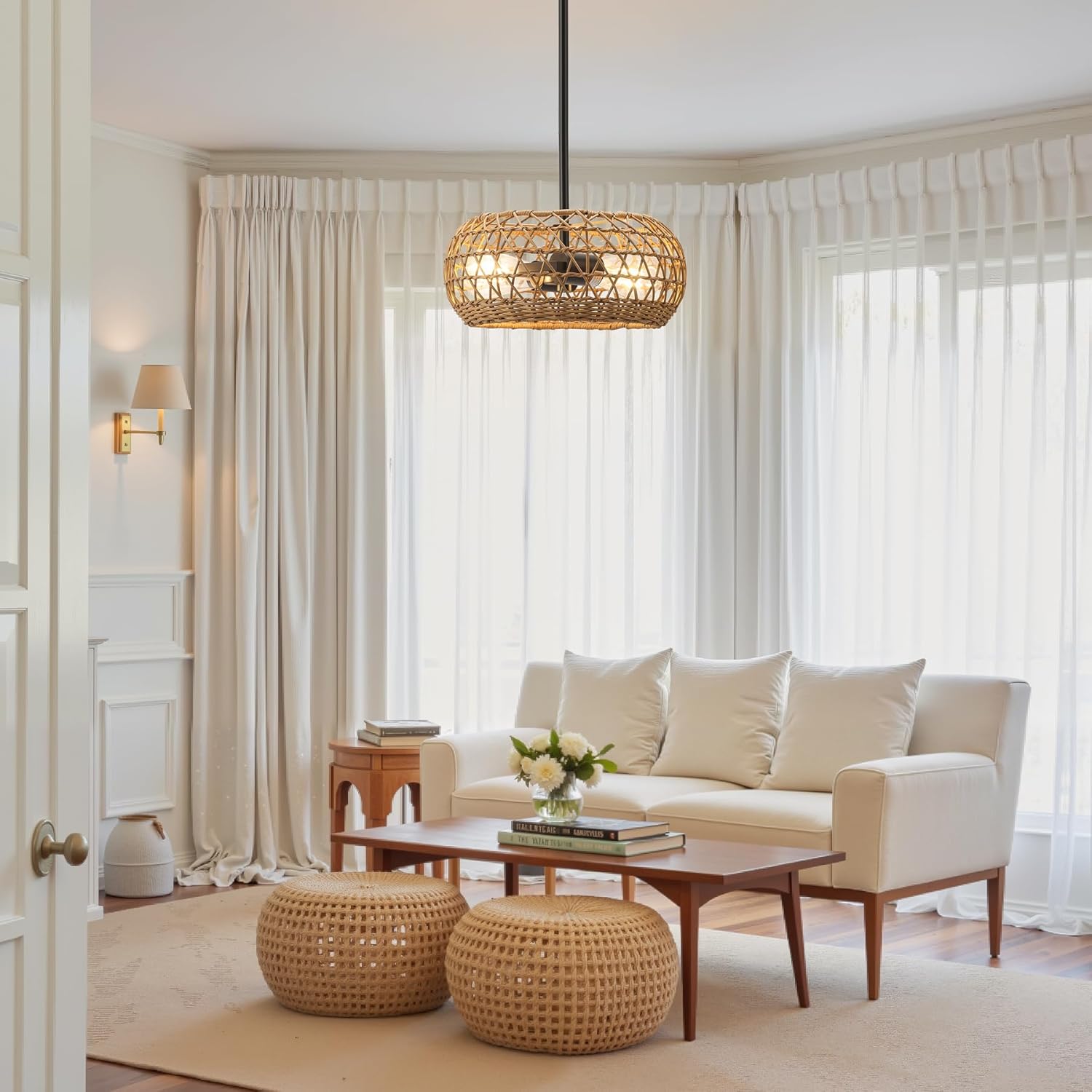 Boho Rattan Chandelier - 11.8 Inch Hand Woven 2-Light Pendant Hanging Fixture for Dining Room, Bedroom & Patio Lighting
