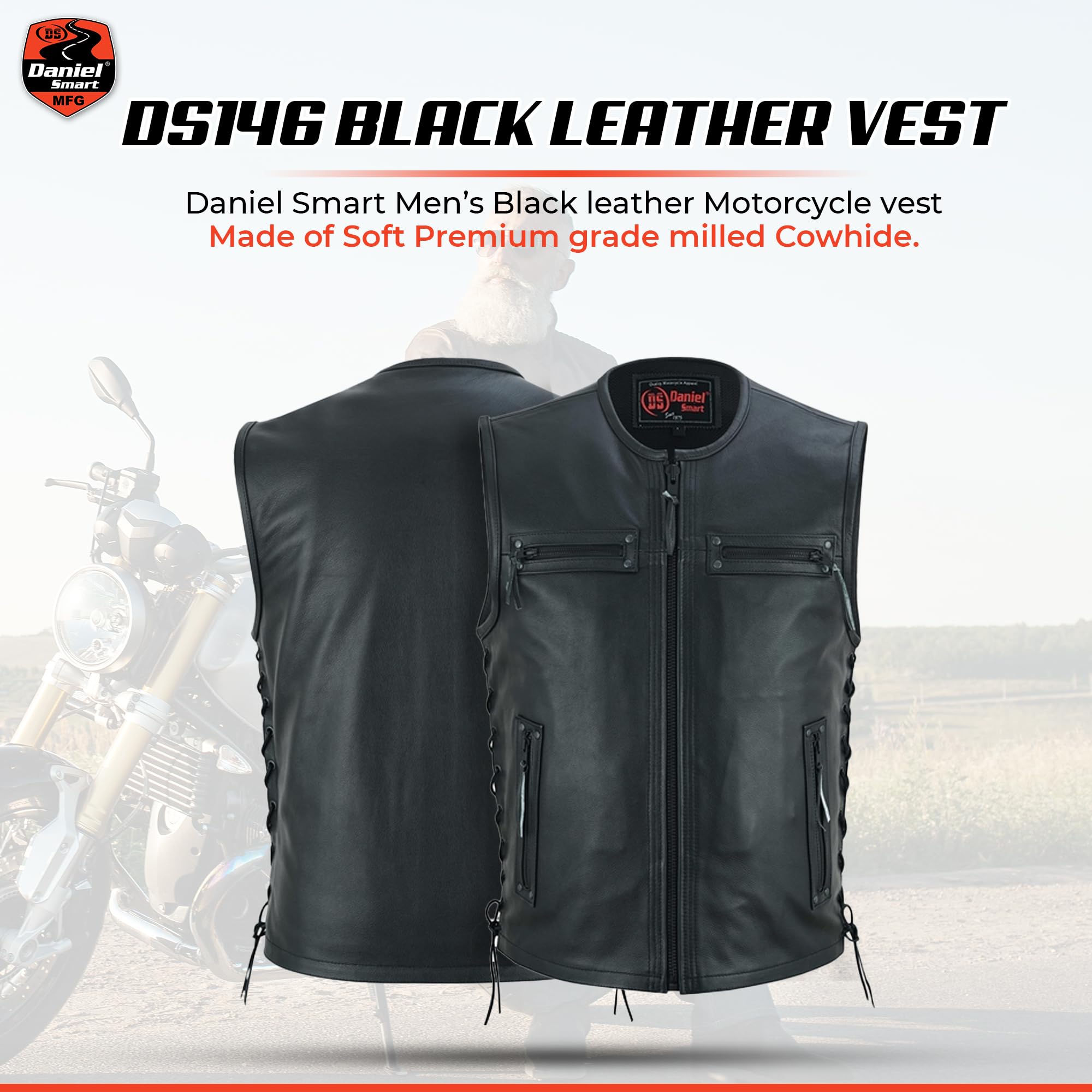 Daniel Smart Men's Black Leather Vest - Soft Full Grain Leather with Front Zipper, Side Laces & Armory Pockets | Motorcycle Riding, Casual Outfits & Biker Fashion