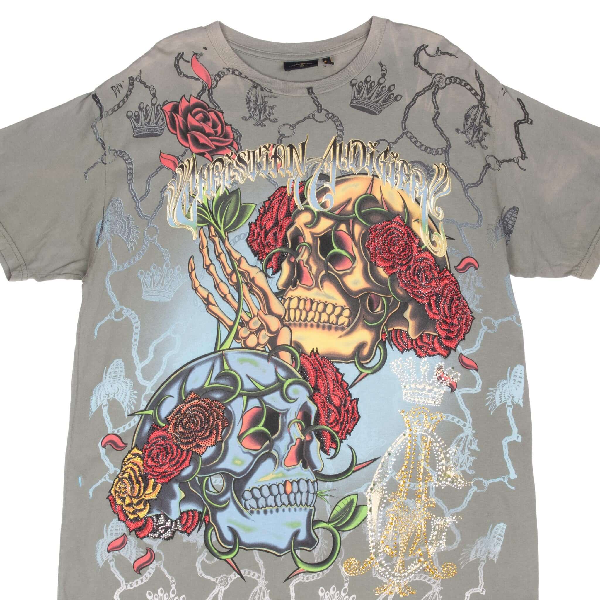 Vintage Christian Audigier Rhinestones Skull T-Shirt 2000s XL - Made in USA - Gothic Fashion & Rock Style Tee for Men and Women