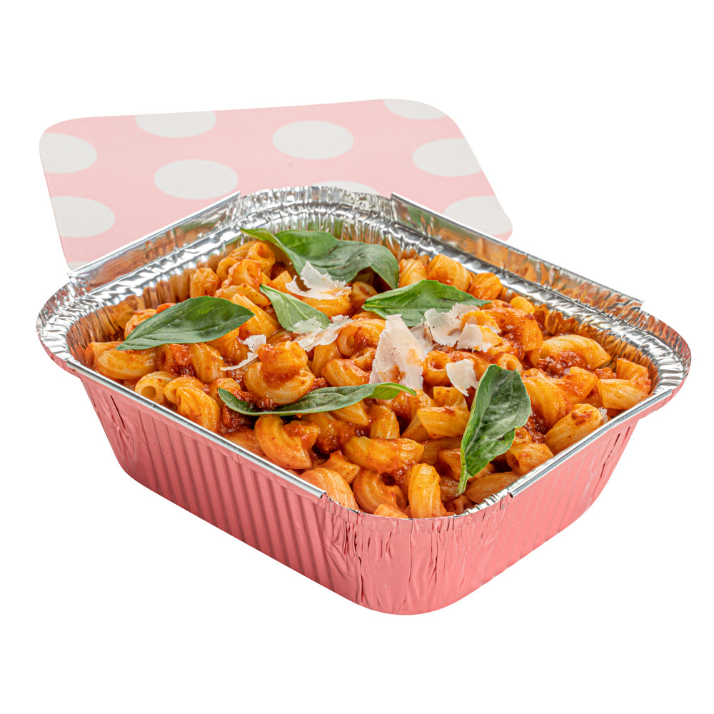 12 oz Pink Aluminum Take Out Containers with Polka Dot Paper Lids - 5.75