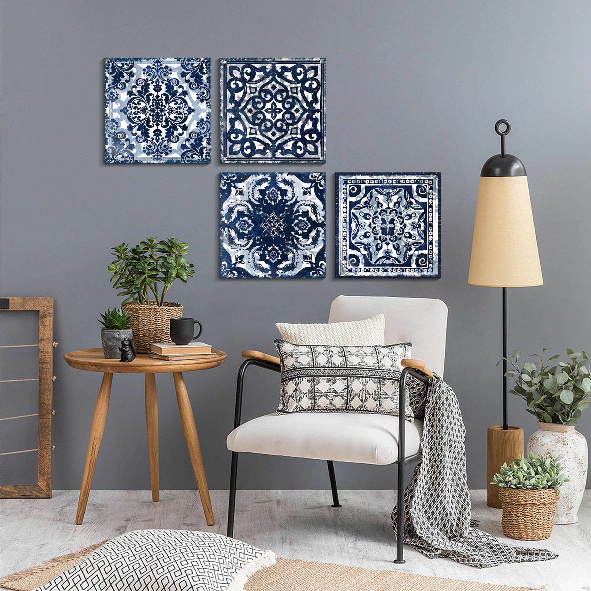 Modern Navy Blue Flower Canvas Wall Art - Set of 4 Framed Abstract Prints (14x14 Inch Each) for Bedroom & Bathroom Decor | Perfect for Home, Office, and Gift Giving