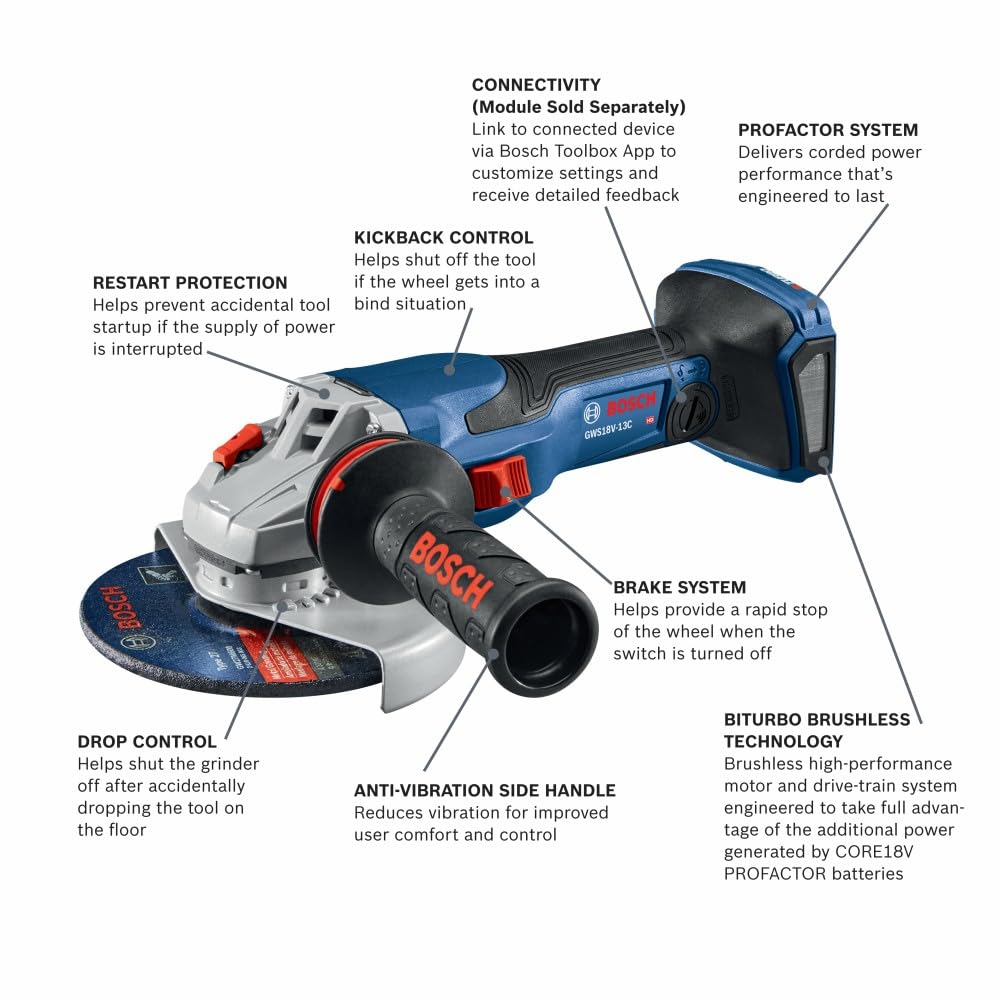 BOSCH GWS18V-13CN PROFACTOR™ 18V Cordless Angle Grinder with Slide Switch (Bare Tool) - 5-6 Inch Cutting & Grinding for Metal, Concrete & Wood - Perfect for Construction, DIY & Professional Use