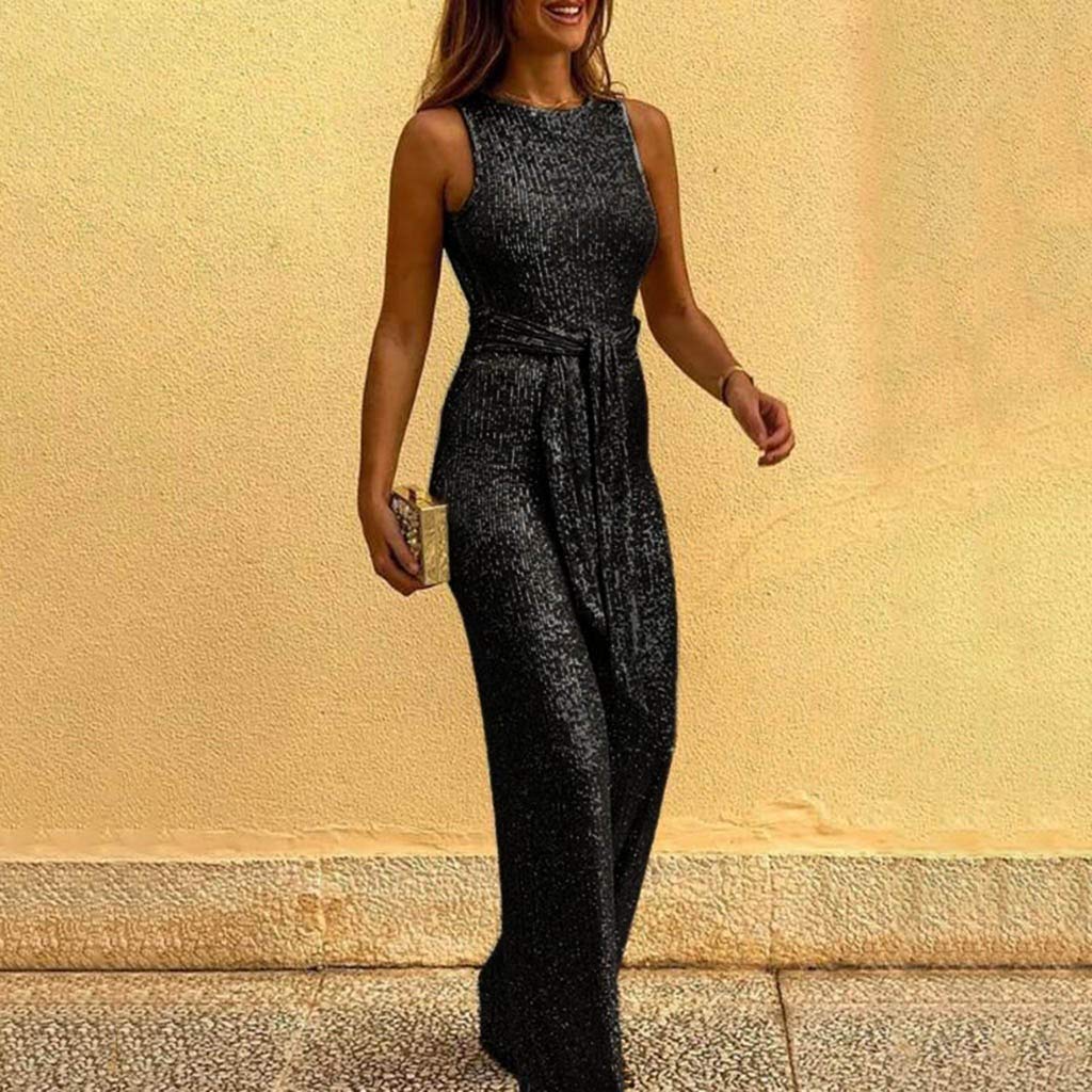Elegant Women's Sleeveless Wide Leg Jumpsuit with Belt - Sexy Cocktail Party Romper Pantsuit for Night Out, Dinner Date & Special Occasions