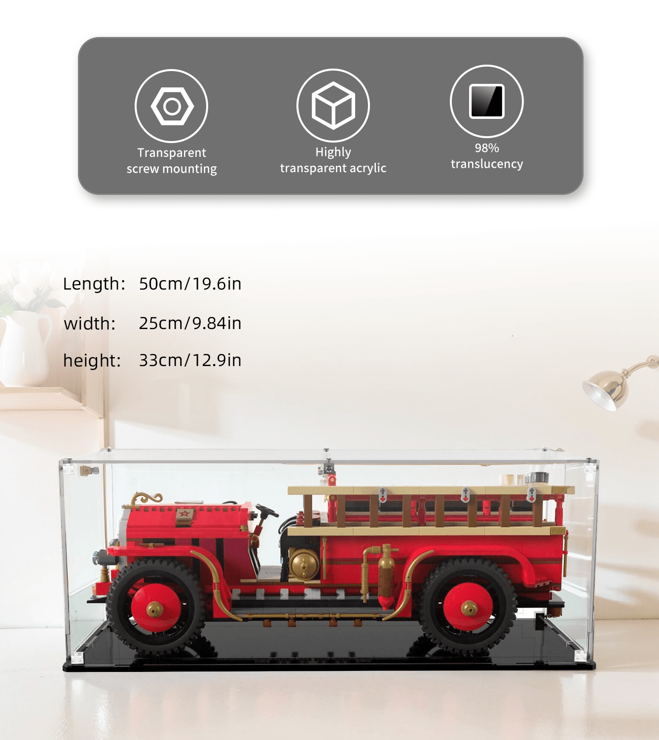 Lego Bricklink Antique Fire Engine BL 19002 Display Case - Clear Acrylic Protector for Collectible Lego Sets | Perfect for Showcasing & Protecting Vintage Lego Models in Home or Office