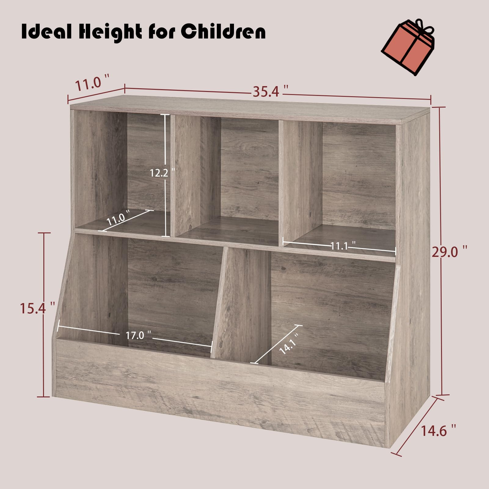 DINZI LVJ 5-Cubby Wooden Toy Storage Organizer & Kids Bookshelf - Greige, 35.4