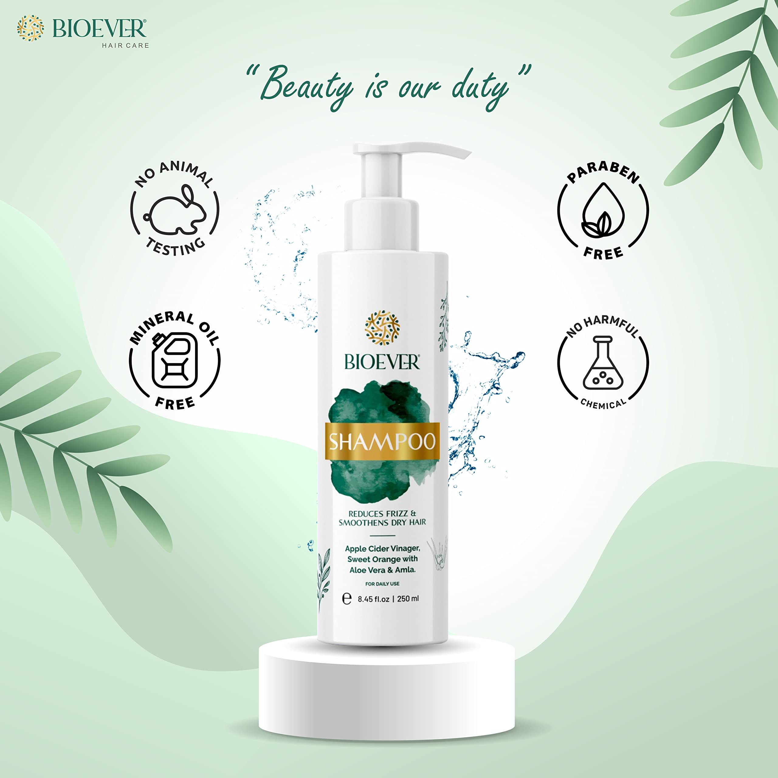 Bioever Anti Hair Fall Shampoo with Apple Cider Vinegar, Aloe Vera & Amla - Frizz Control & Hair Strengthening Treatment - Paraben Free & Sulfate Free - 2 Pack (250ml Each) for Men & Women - Perfect for Daily Use & Damaged Hair Repair