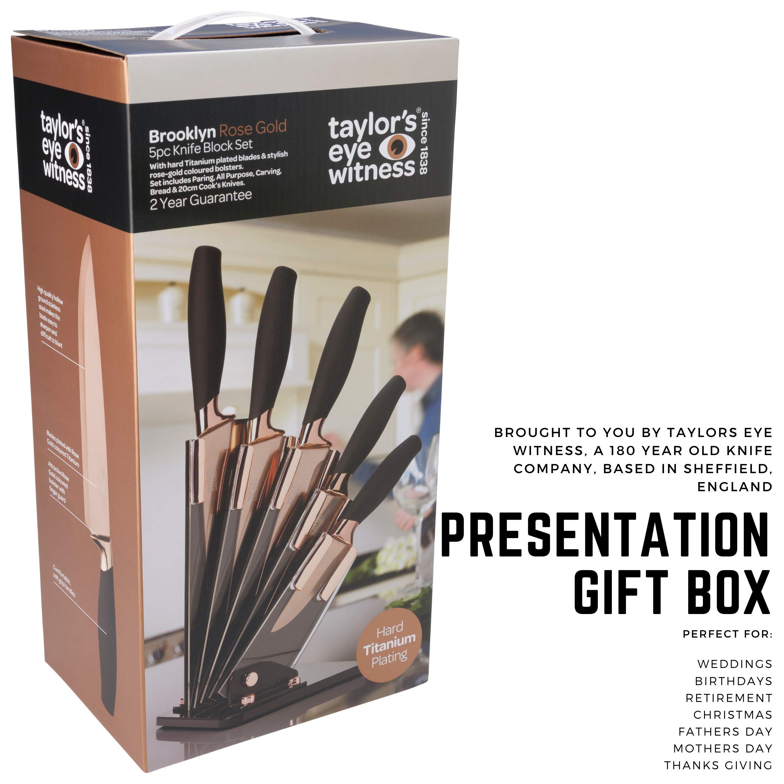 Taylor's Eye Witness Rose Gold Fan-Shaped Knife Block - Premium Kitchen Storage for Knives & Utensils - Perfect for Home Chefs & Cooking Enthusiasts