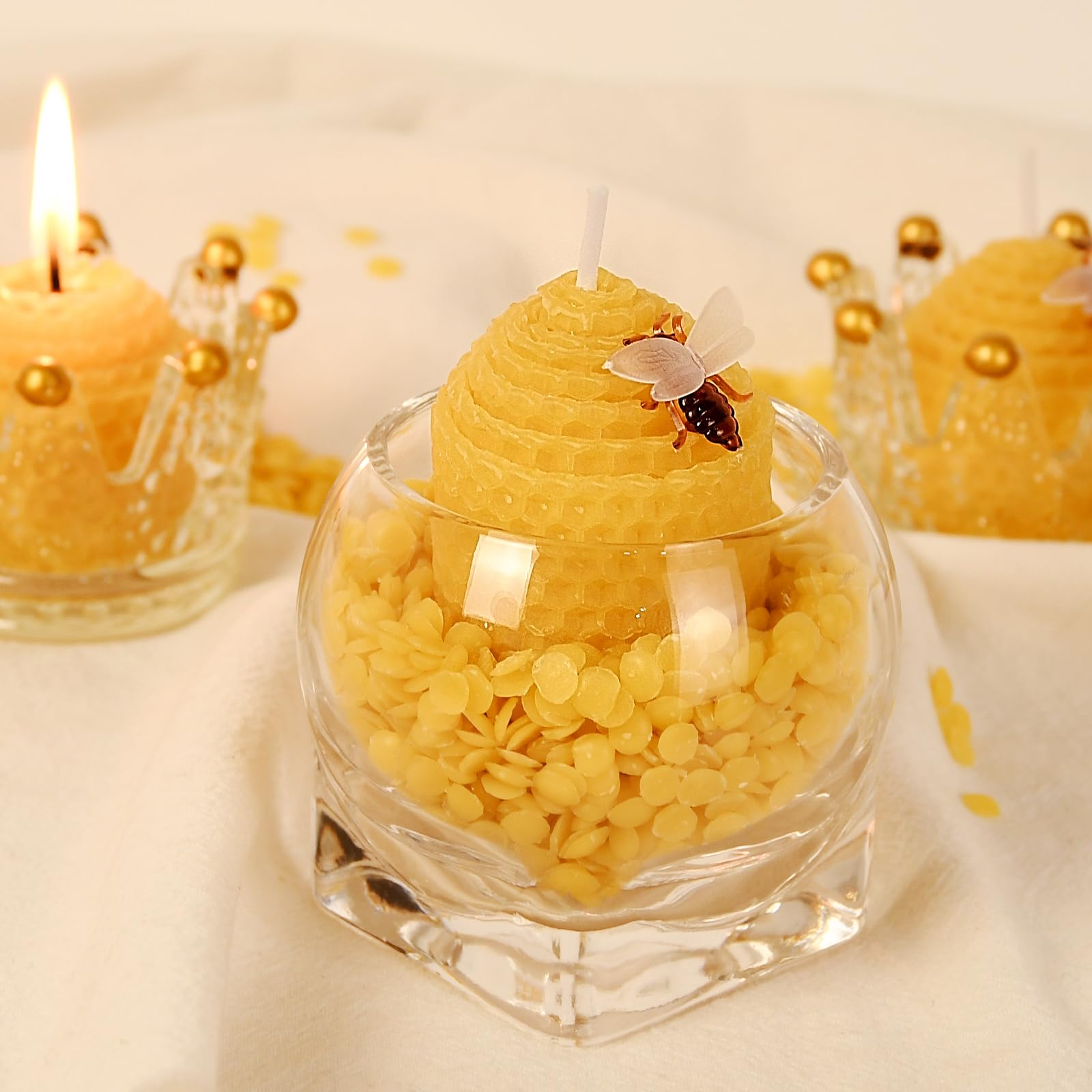 DEYBBY Natural Beeswax Candles - Set of 6 Small Bee Votive Candles with Honeycomb & Bee Decorations, Perfect for Home Decor, Wedding Favors & Relaxation (Yellow)