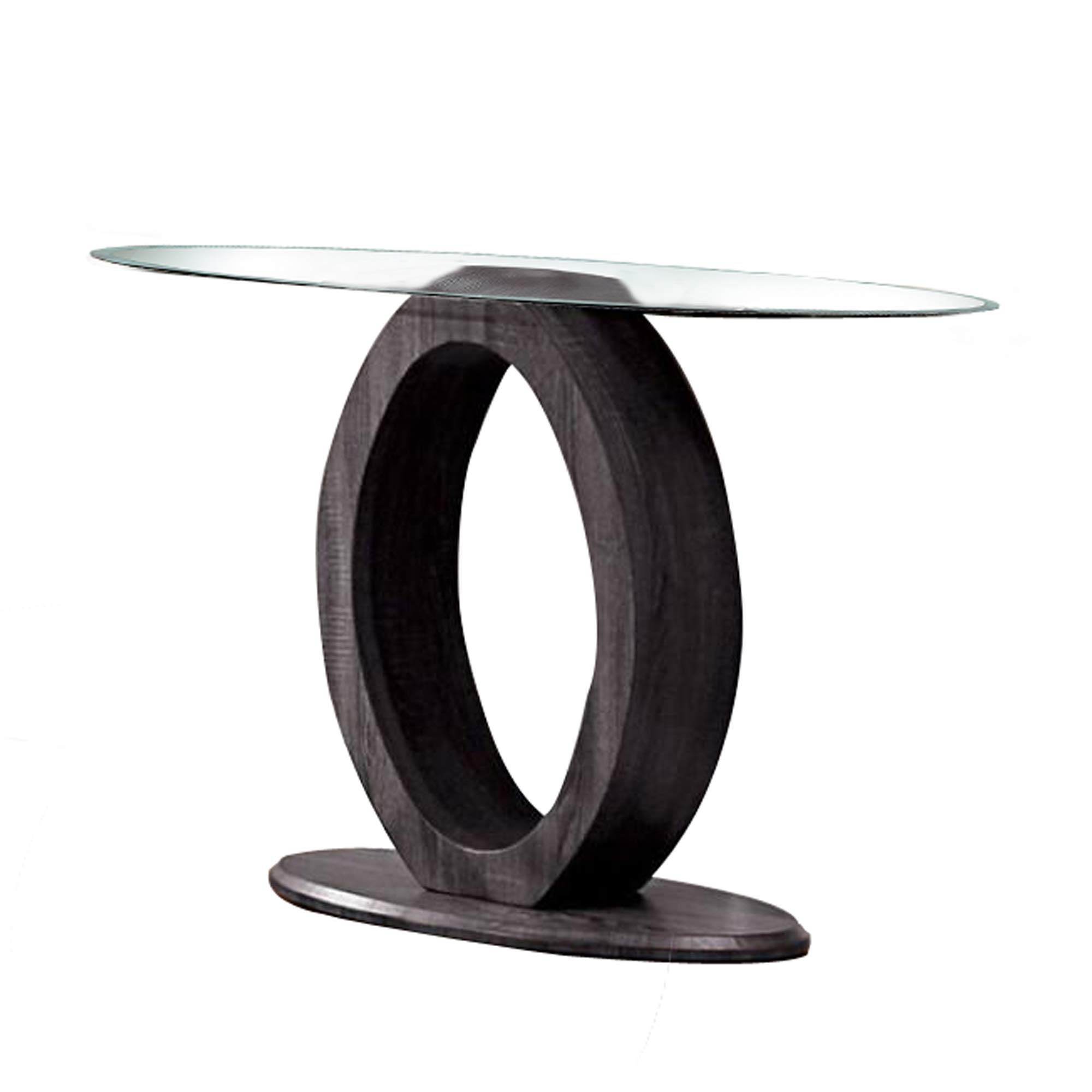 Benjara Tempered Glass Top Sofa Table with O-Shaped Wooden Base in Gray - Perfect for Living Room, Lounge & Small Space Decor