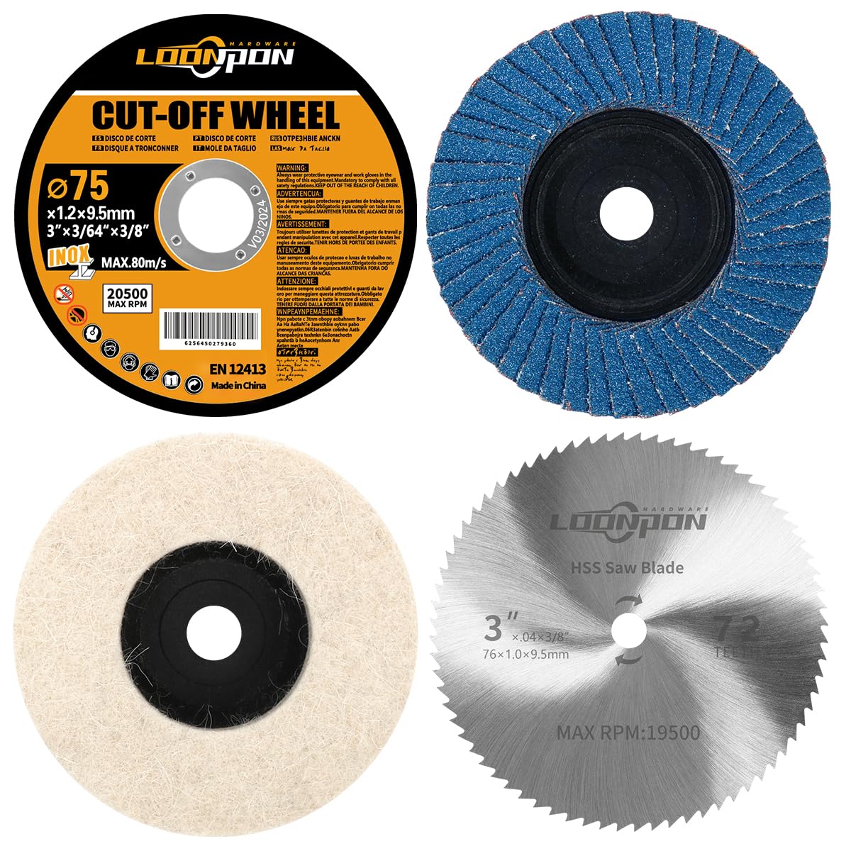 3 Inch Angle Grinder Wheel Set - 75mm Cutting, Grinding & Polishing Discs with 10mm Arbor (20 Pack) - Perfect for Wood Cutting, Tile Removal & Metal Polishing - Ideal for DIY Projects, Home Renovation & Metalworking
