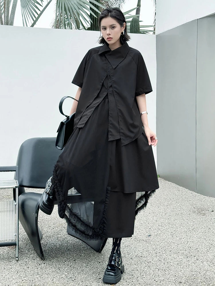 Oversized Black Asymmetrical Mesh Pantsuit Set - Fashionable Lapel Short Sleeve Two Piece Outfit for Women | Spring Summer 2025 Trendy Streetwear | Perfect for Casual Wear, Night Out & Fashion Events