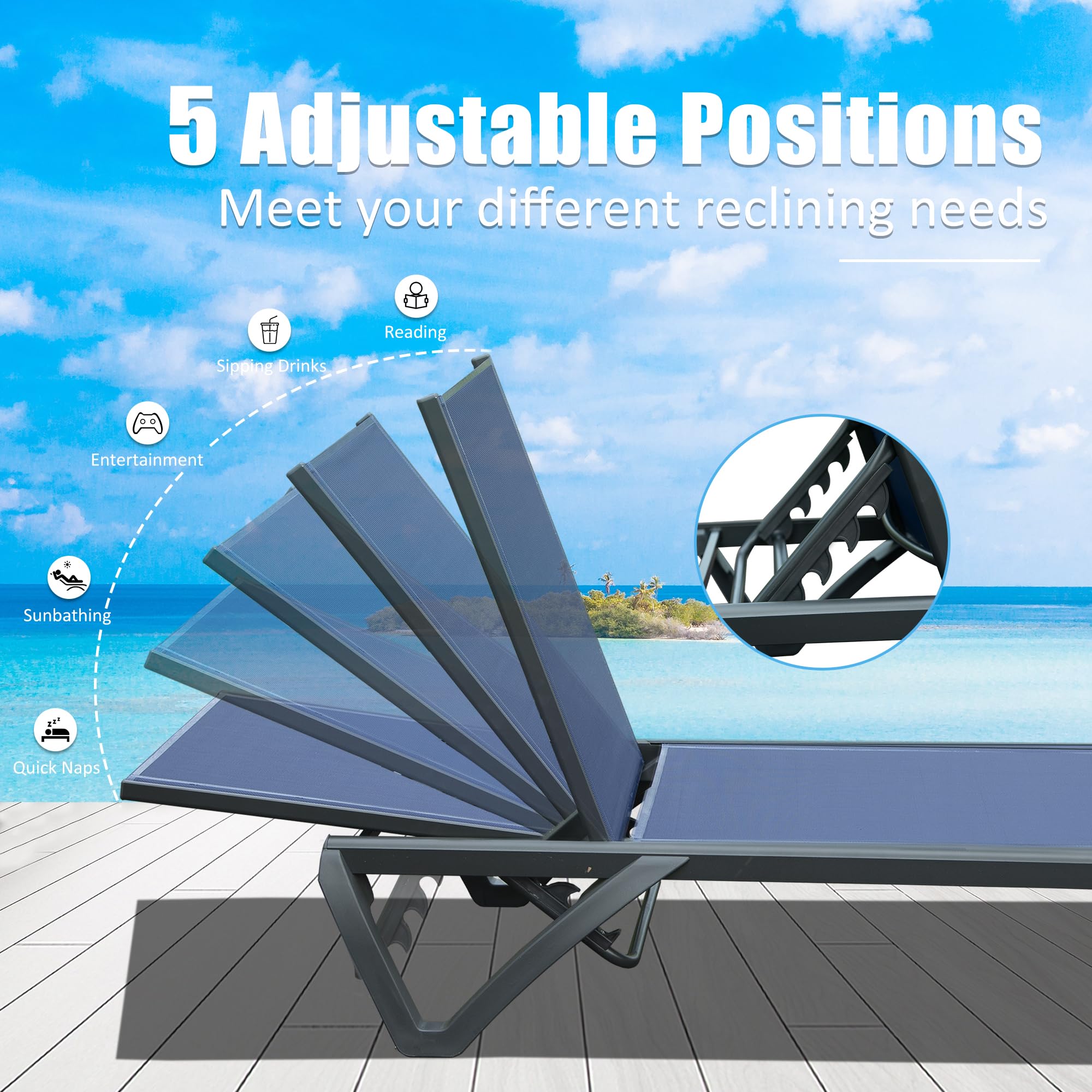**Domi Pool Lounge Chairs - Adjustable Aluminum Patio Chaise Lounge with Wheels & Side Table - 5-Position Reclining Outdoor Chair for Beach, Yard, Balcony, Poolside - Navy Blue - Perfect for Relaxing by the Pool or Sunbathing**