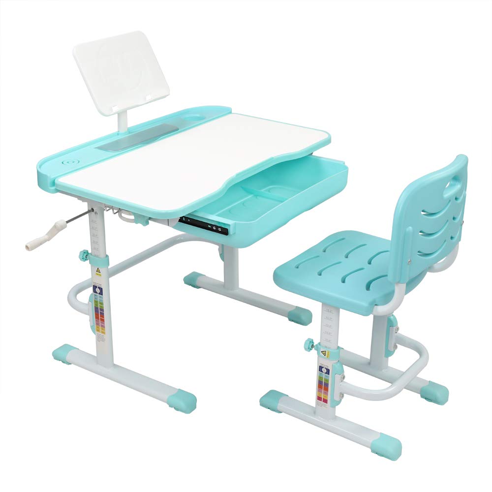 Adjustable Kids Desk and Chair Set with Large Tilting Desktop - Ergonomic Study Table Workstation for School Students, Blue-Green - Perfect for Homework, Online Learning & Creative Activities