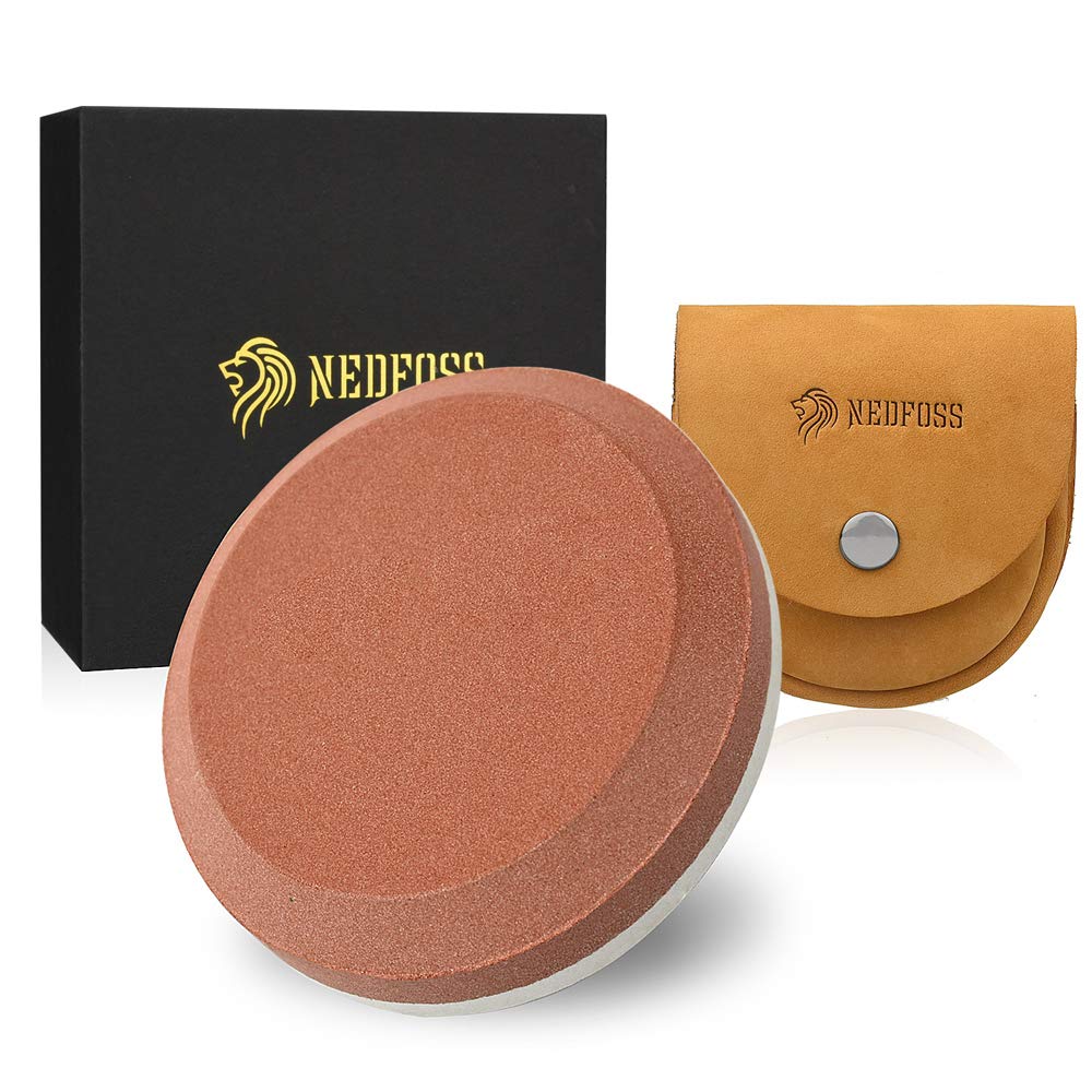 NedFoss Dual Grit Axe Sharpener Tool with Leather Sheath - Multi-Purpose Whetstone for Hatchets, Knives & Tools - 2-Sided Sharpening Puck (Red) - Perfect for Camping, Hunting & Outdoor Survival Gear