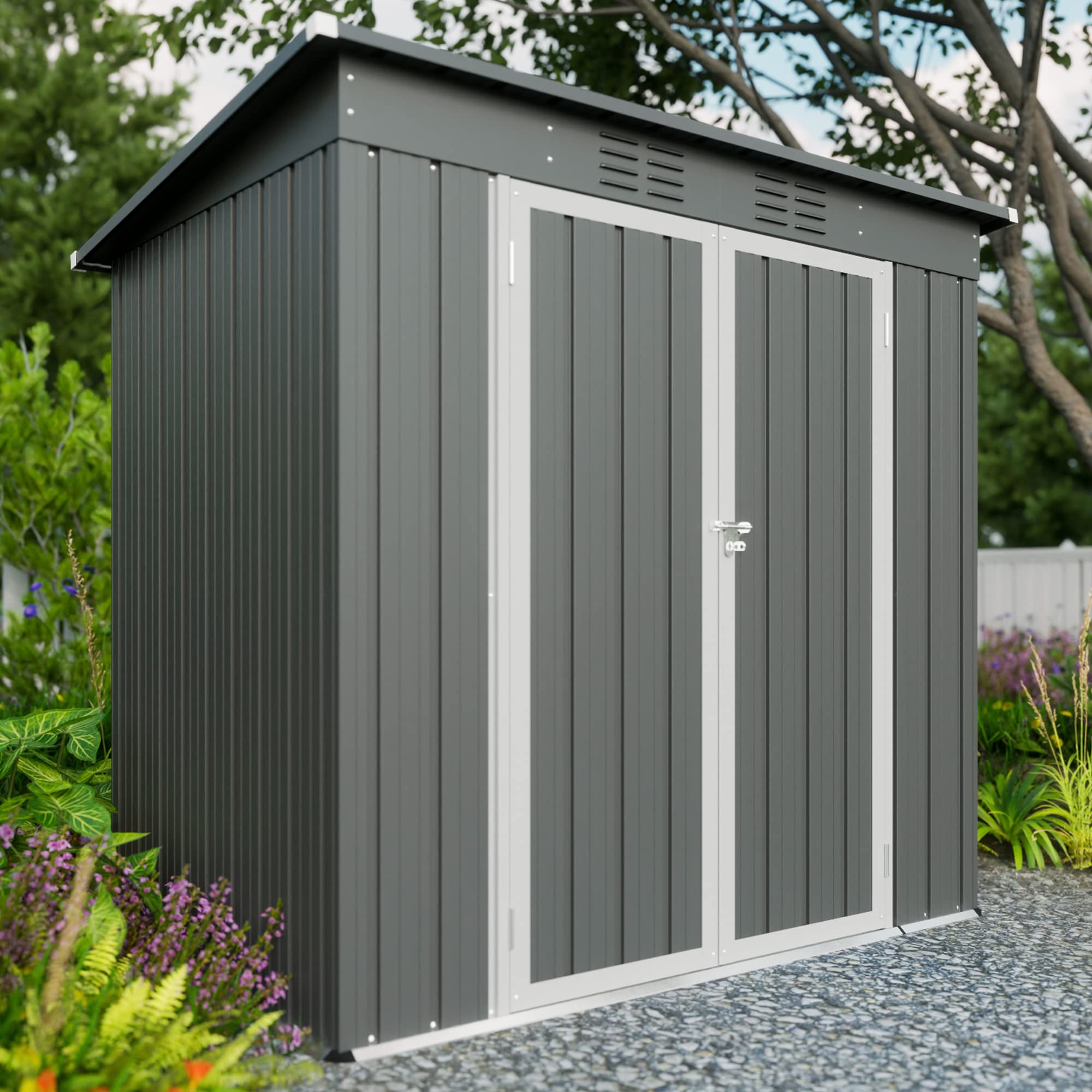 4x6ft Heavy Duty Metal Storage Shed - Outdoor Steel Utility Shed with Double Lockable Doors & Ventilation - Perfect for Backyard, Garden, Patio, Lawn & Tool Organization (Gray)