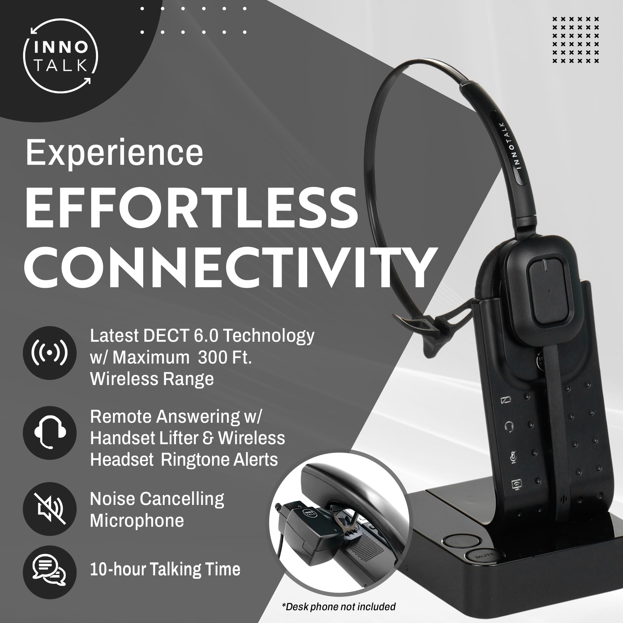 INNOTALK Wireless Headset for Office Phones - Remote Hook On/Off Handset Lifter, 300ft Range Headset for Landline & Corded Phones | Perfect for Call Centers, Reception Desks & Long Business Calls