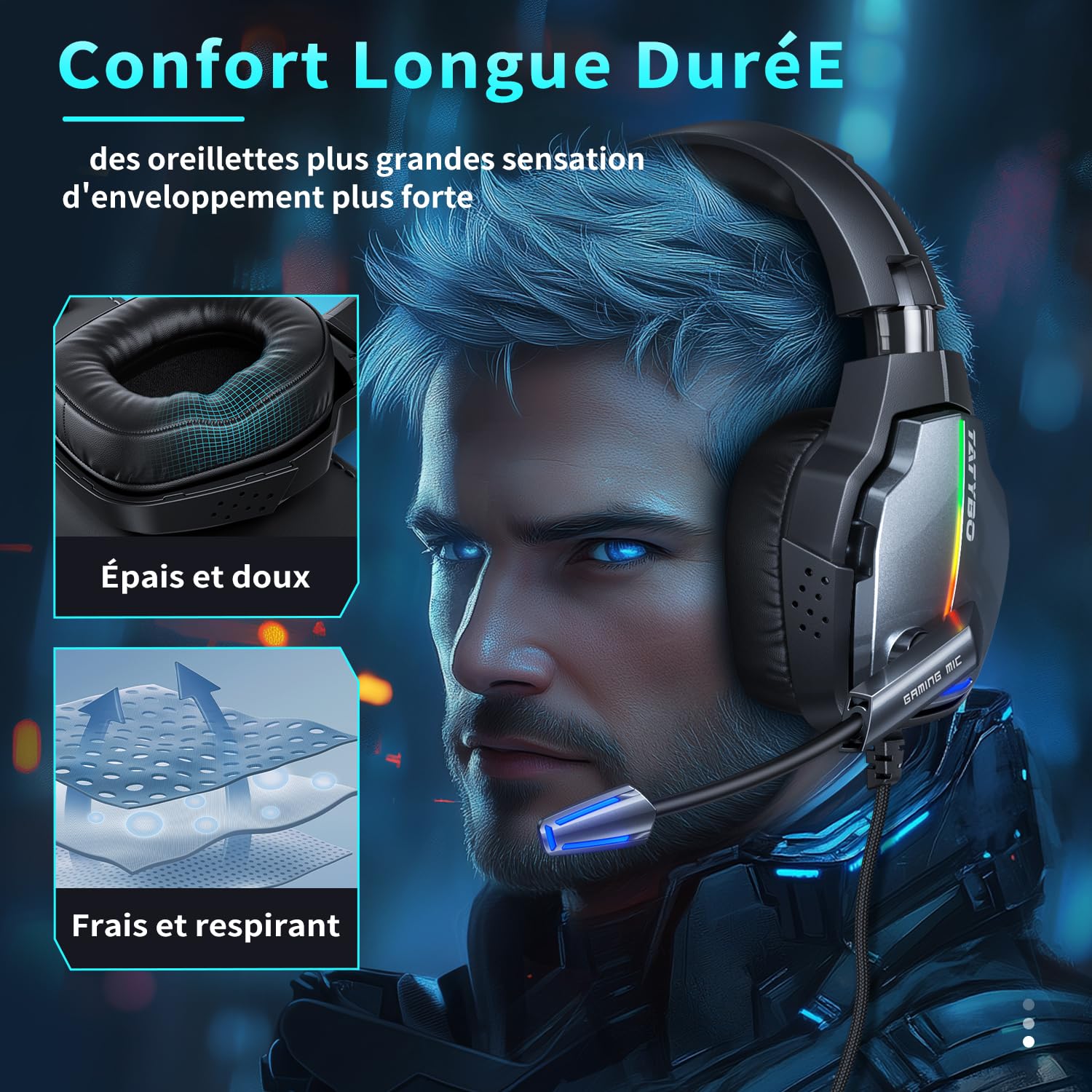 Premium Gaming Headset with 90° Swivel Ear Cups, 4 RGB Lighting Modes & 50mm Drivers - Noise Cancelling Stereo Microphone for PS4, PS5, Xbox One, PC & Nintendo Switch - Perfect for Competitive Gaming & Immersive Audio Experience