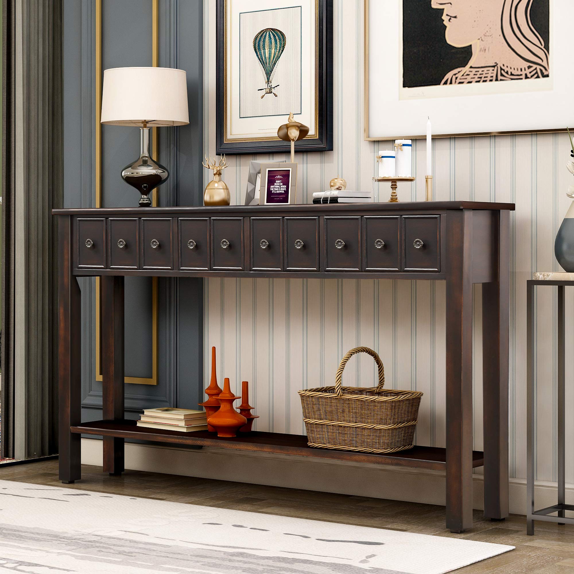 Merax Sofa Table - Long Console Table with Drawers & Shelf, Entryway Hall Table, Easy Assembly, Black - Perfect for Living Room, Entryway & Home Office Decor