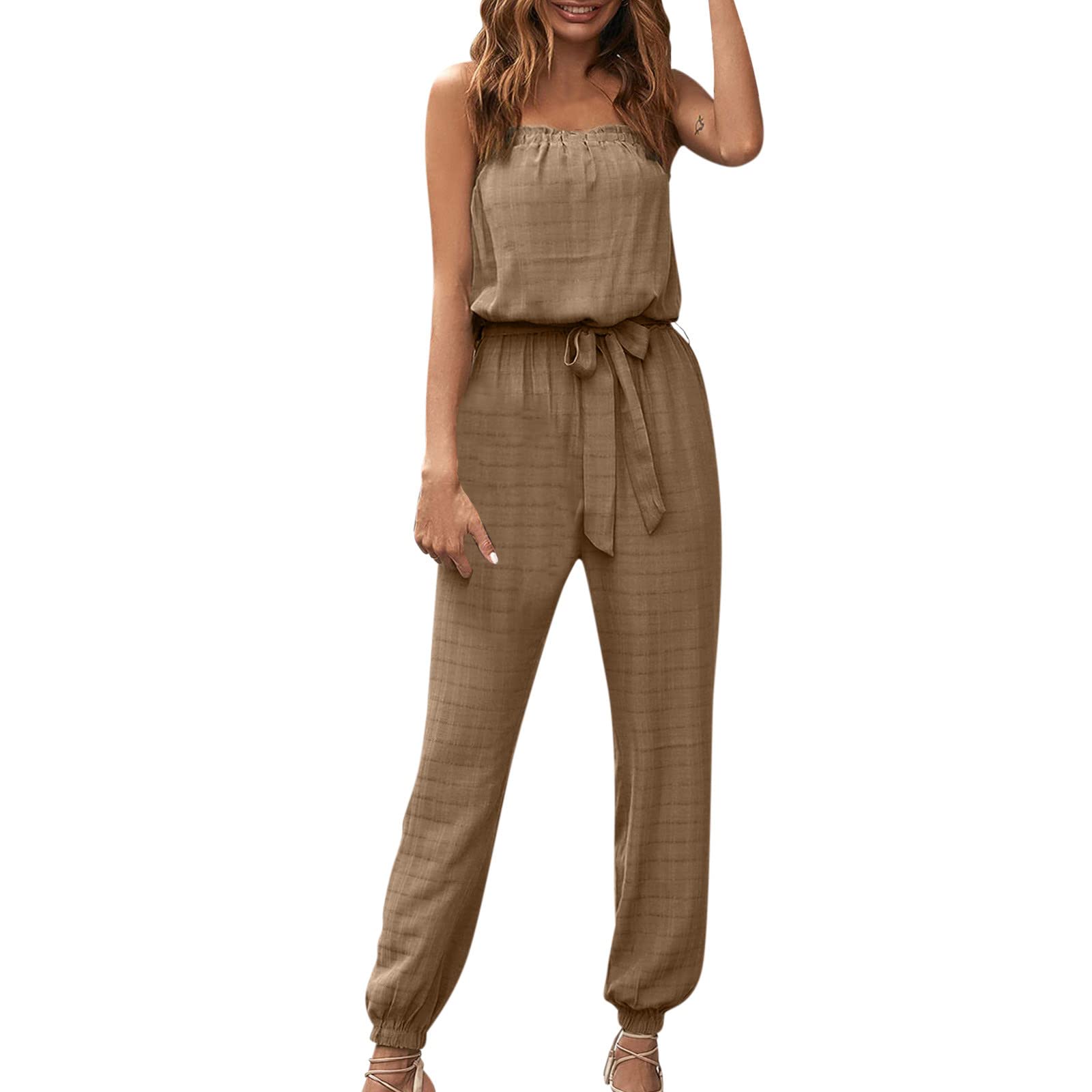 iOPQO Women's Summer Casual Off Shoulder Jumpsuit with Elastic Waist & Belt - One Shoulder Romper in Beige (Size S) | Perfect for Beach Vacations, Date Nights & Summer Parties