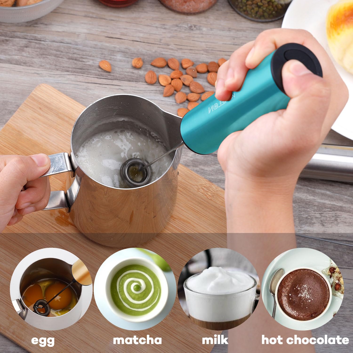 Rechargeable Milk Frother for Coffee - Portable Electric Drink Mixer with 2 Stainless Steel Whisk Heads - Perfect for Keto Coffee, Latte, Cappuccino & Hot Chocolate - Light Blue - Ideal for Home, Office & Travel Use