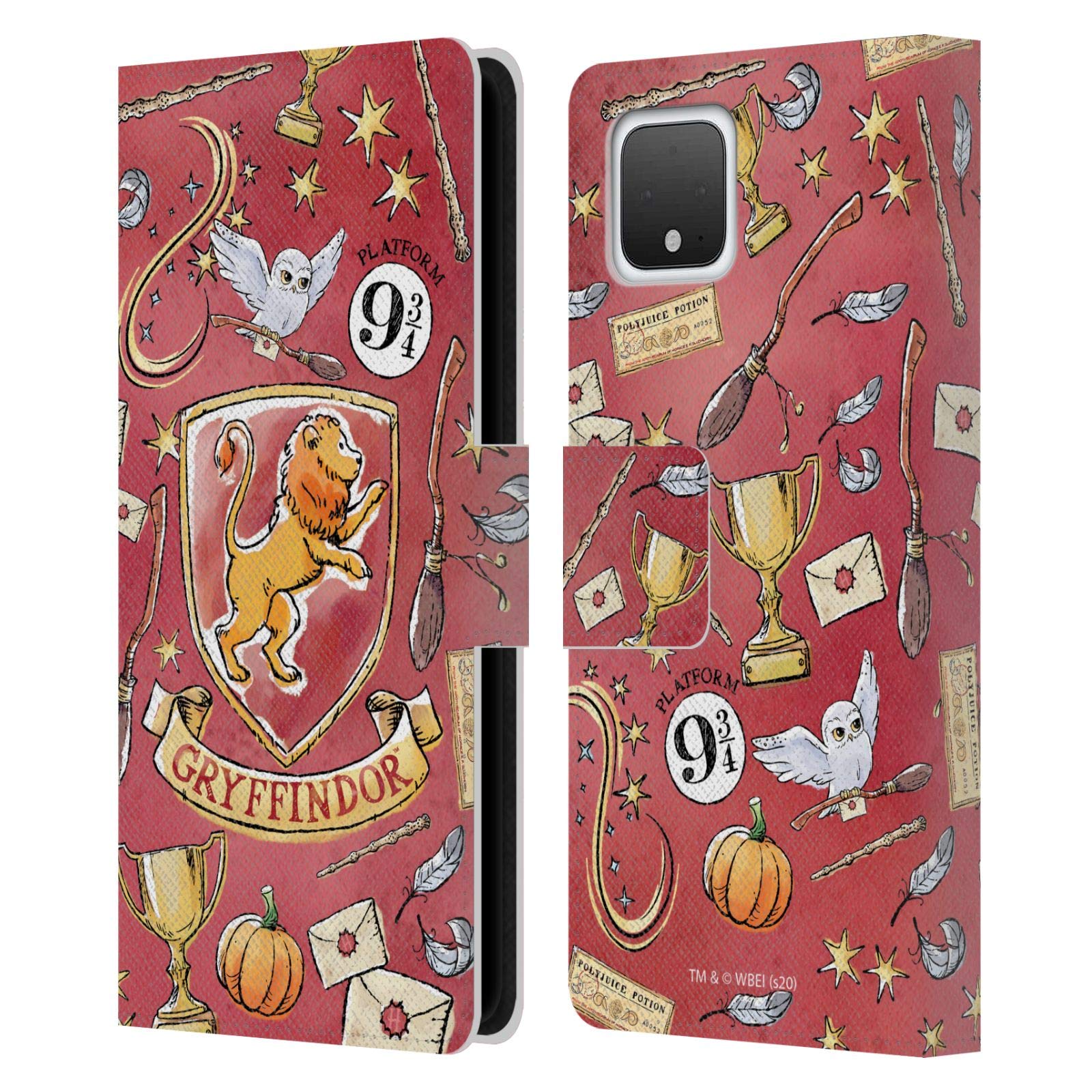Harry Potter Gryffindor Deathly Hallows Leather Wallet Case for Google Pixel 4 - Officially Licensed Book Style Phone Cover for Fans & Collectors