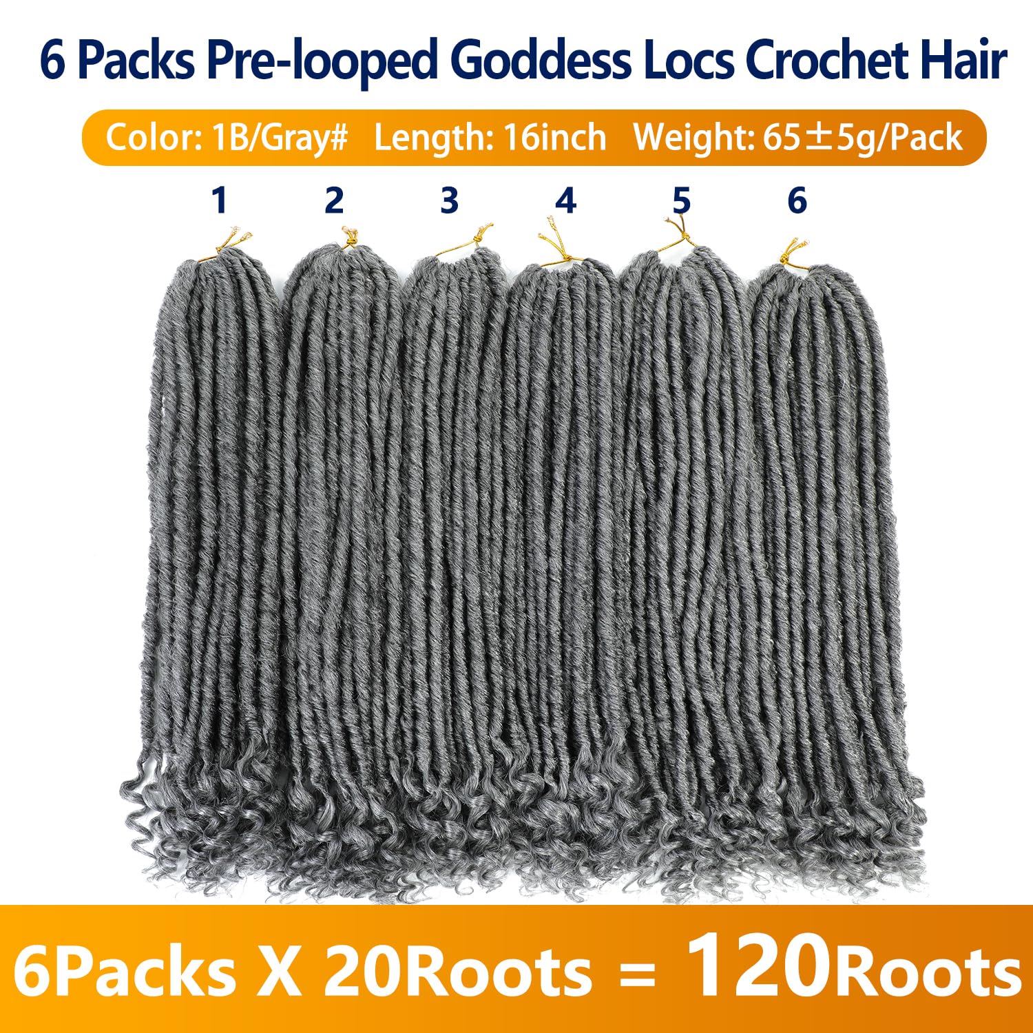 Goddess Locs Crochet Hair Extensions - 16 Inch Straight Faux Locs, Pre-Looped Curly Synthetic Braiding Hair for Black Women, 6 Packs in 1B-GRAY, Perfect for Protective Styling and Everyday Glam