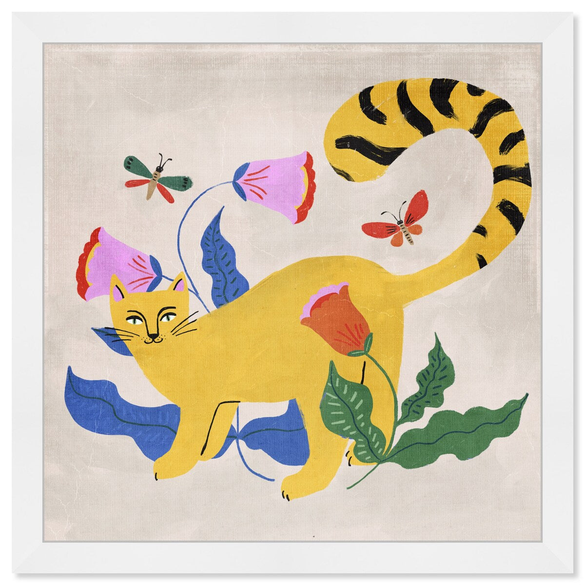 Blonde Tabby Floral Kitten Butterfly Garden Modern Yellow Framed Wall Art Print - Perfect for Bedroom, Nursery & Home Decor