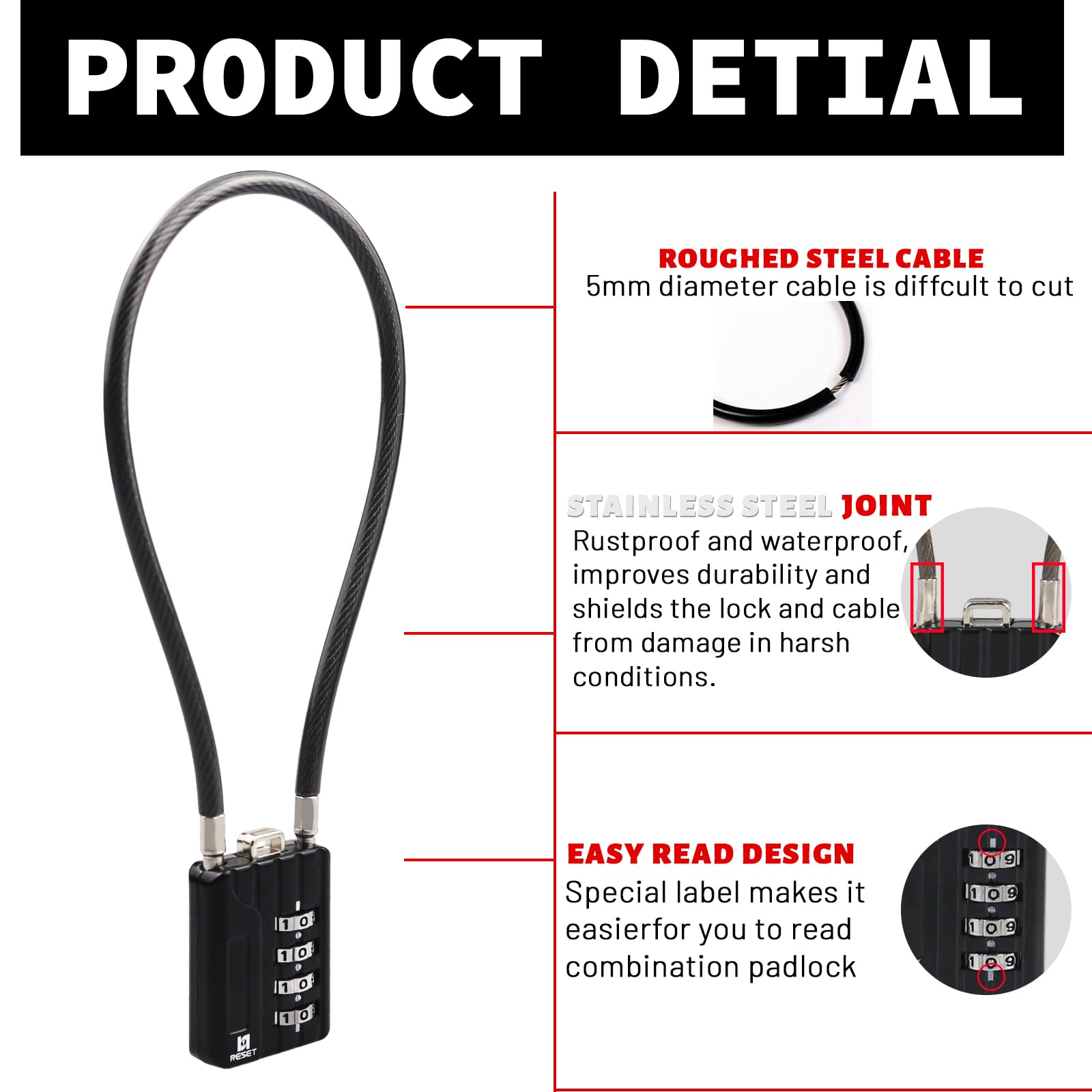 RESET-201 (2 Pack) 4 Digit Combination Padlock with 12 inch (30cm) Steel Cable - Heavy Duty Black Cable Lock for Trash Can, Locker, Gym, Luggage, Suitcase, Gun Case, Helmet Security - 5mm Diameter Anti-Theft Protection for Outdoor, Travel & Storage Use