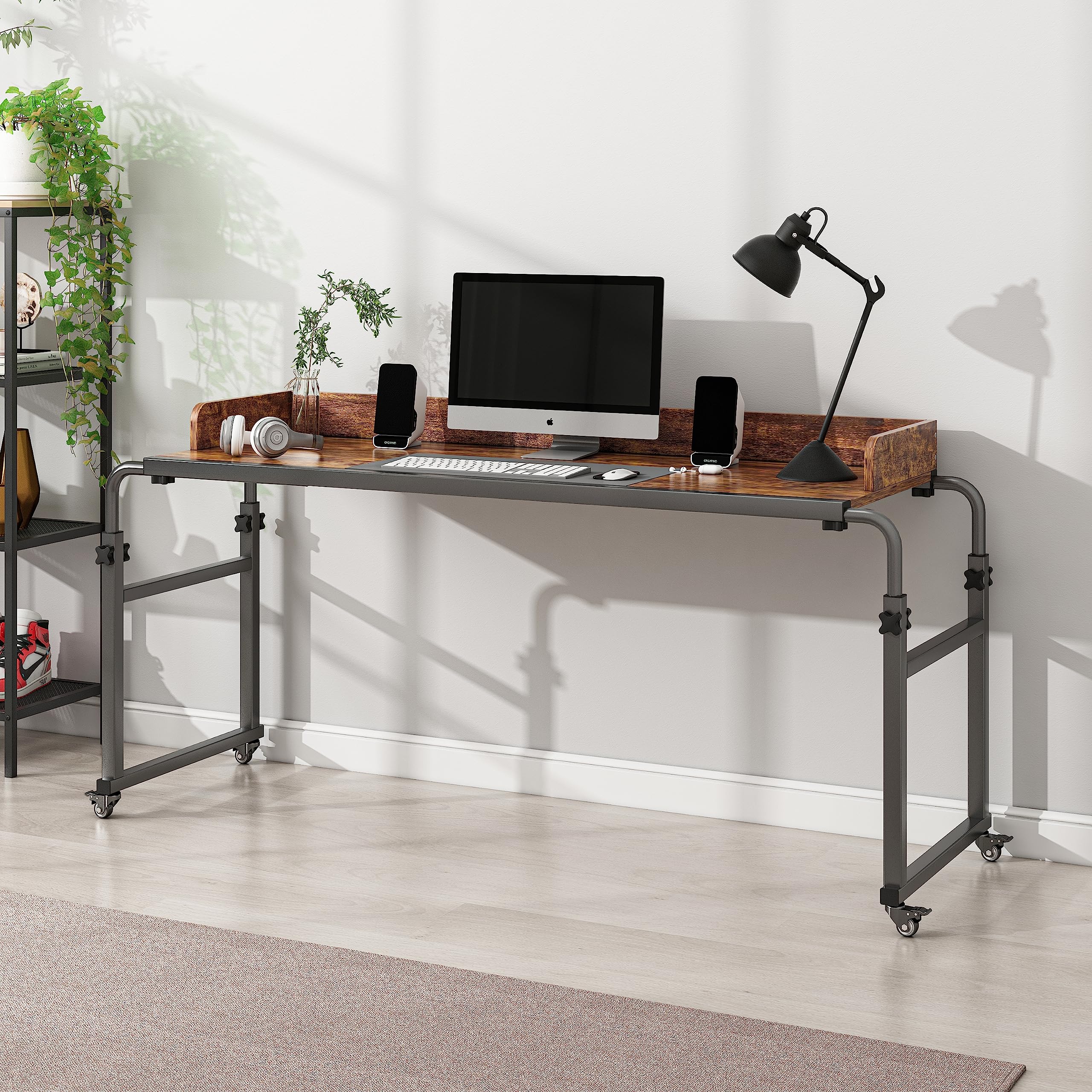 Adjustable Overbed Table with 360° Wheels - Queen Size Mobile Bed Desk for Hospital & Home Use - Heavy Duty Metal Legs, Height & Length Adjustable - Perfect for Eating, Working, Reading in Bed or Recliner