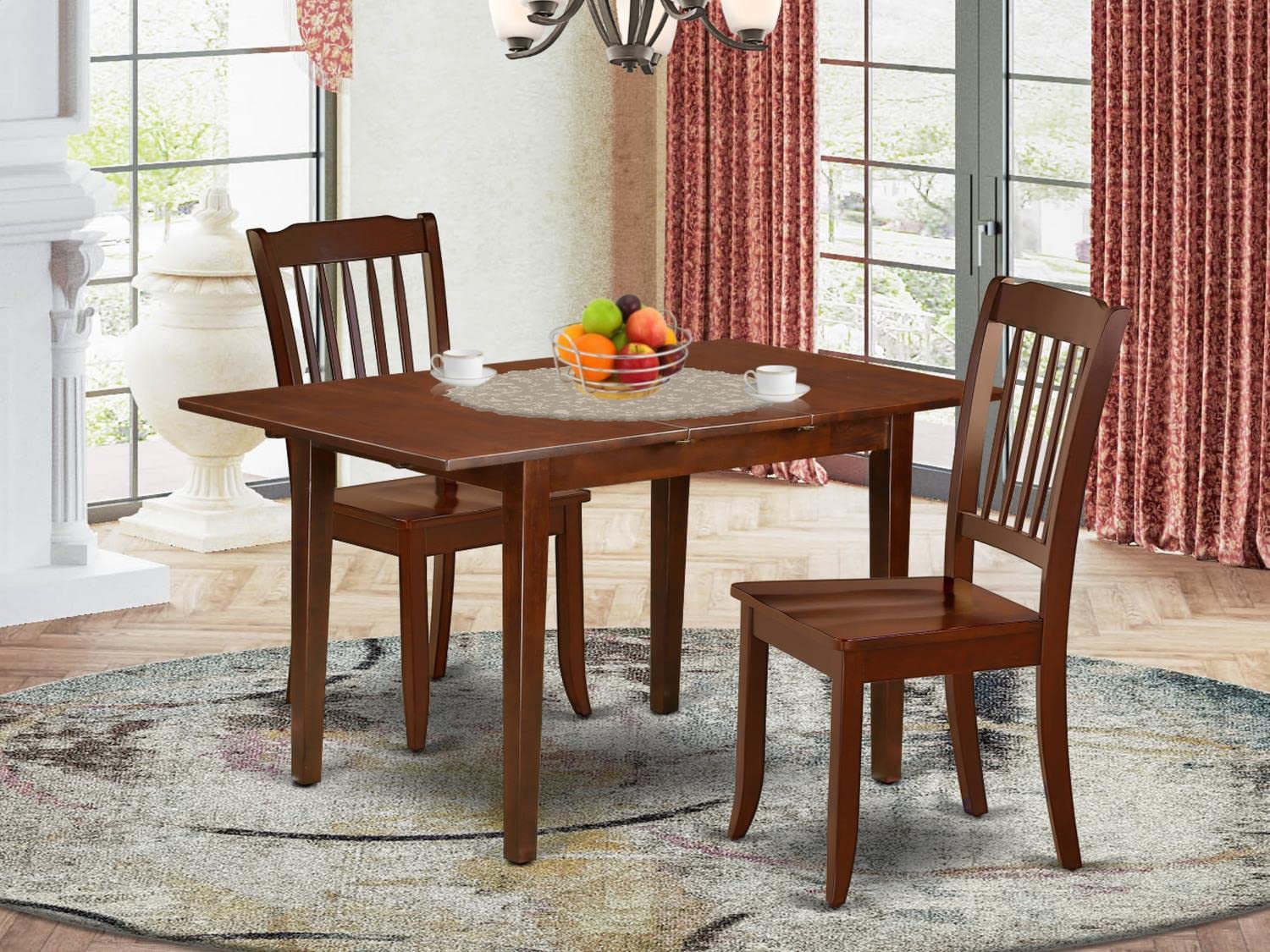 East West Furniture NODA3-MAH-W 3-Piece Small Space Dinette Set with Extendable Rectangle Table & 2 Chairs, 32x54 Inch, Mahogany - Perfect for Apartments, Breakfast Nooks & Compact Dining Areas
