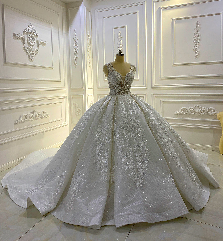 Elegant Cap Sleeve Lace Applique Ball Gown Wedding Dress AM846 – Perfect for Evening Galas, Bridal Showers & Formal Occasions
