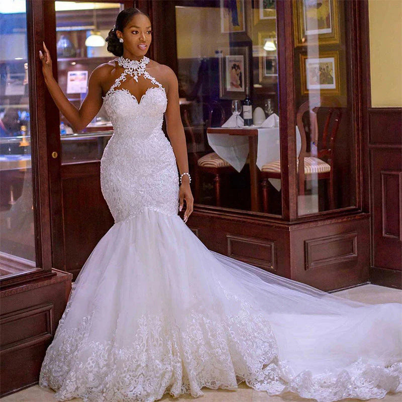 Elegant African Lace High Neck Mermaid Wedding Dress with Beaded Tulle - Perfect for Bridal Ceremonies, Evening Galas & Formal Events