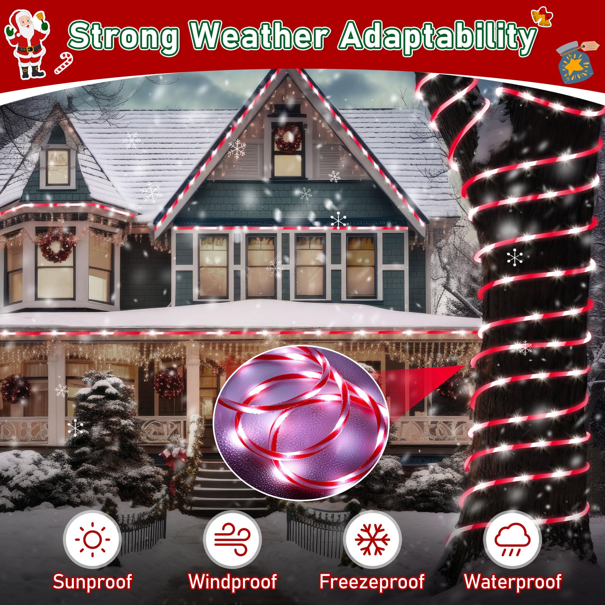 Hiboom Christmas Candy Cane Rope Lights - 65.6ft Waterproof Outdoor Decorative String Lights with 8 Lighting Modes & Timer for Christmas Tree, Fence, Patio, Garden, Yard - Perfect for Holiday Decorations, Parties, and Festive Outdoor Lighting