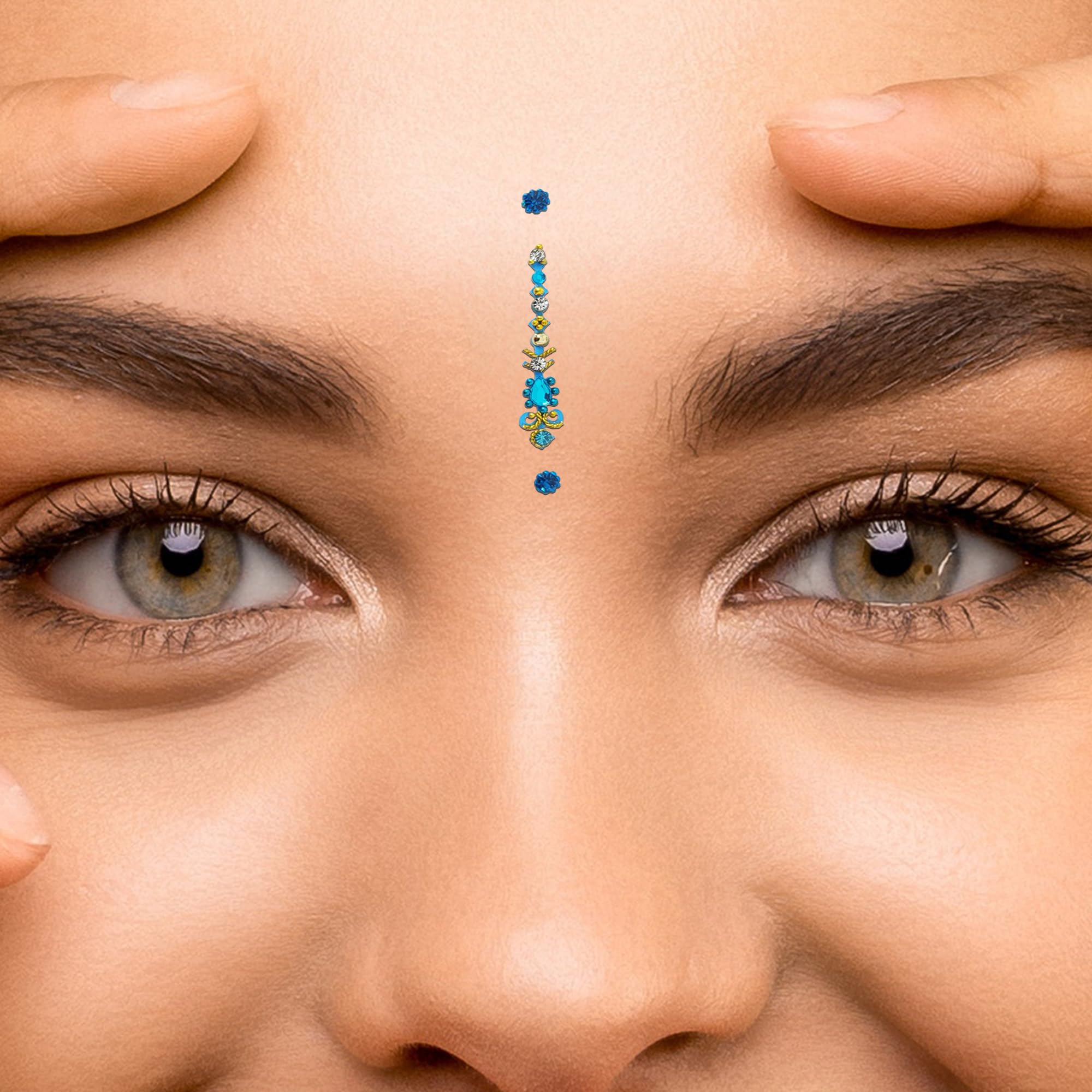 Comet Busters Pink and Blue Long Bindi for Women - 26mm Indian Forehead Jewelry (BV016) | Perfect for Diwali, Weddings & Festive Occasions