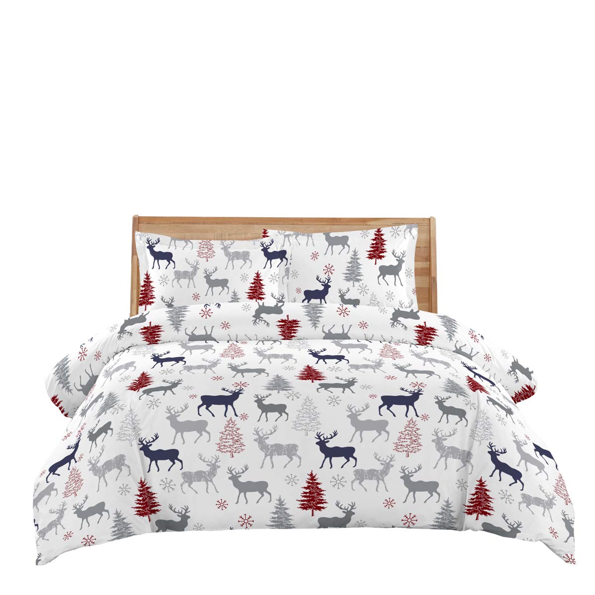 Royal Tradition 7-Piece Heavyweight Flannel Bedding Set - Full Size - Printed Christmas Deer Design (Duvet Cover + 2 Pillowcases + Flat Sheet + Fitted Sheet) - Cozy Winter Warm Bed Sheets for Holiday Home Decor & Guest Room