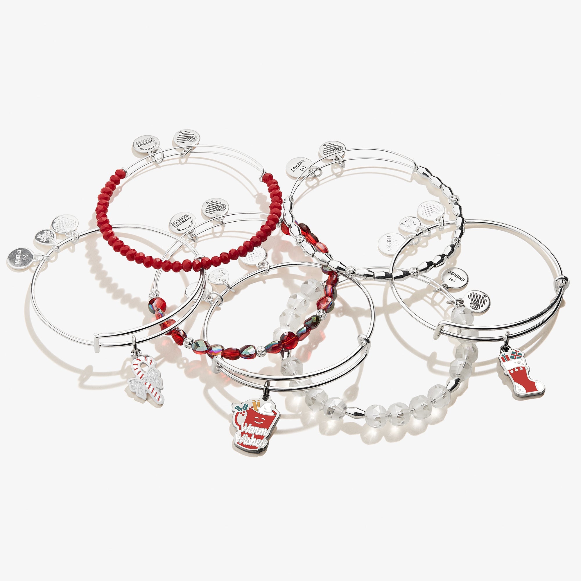 Warm Wishes Charm Bangle Set of 7 - Sterling Silver Adjustable Bracelets for Women, Friendship Gift for Best Friend, Birthday Present - Perfect for Everyday Wear, Special Occasions & Gift Giving