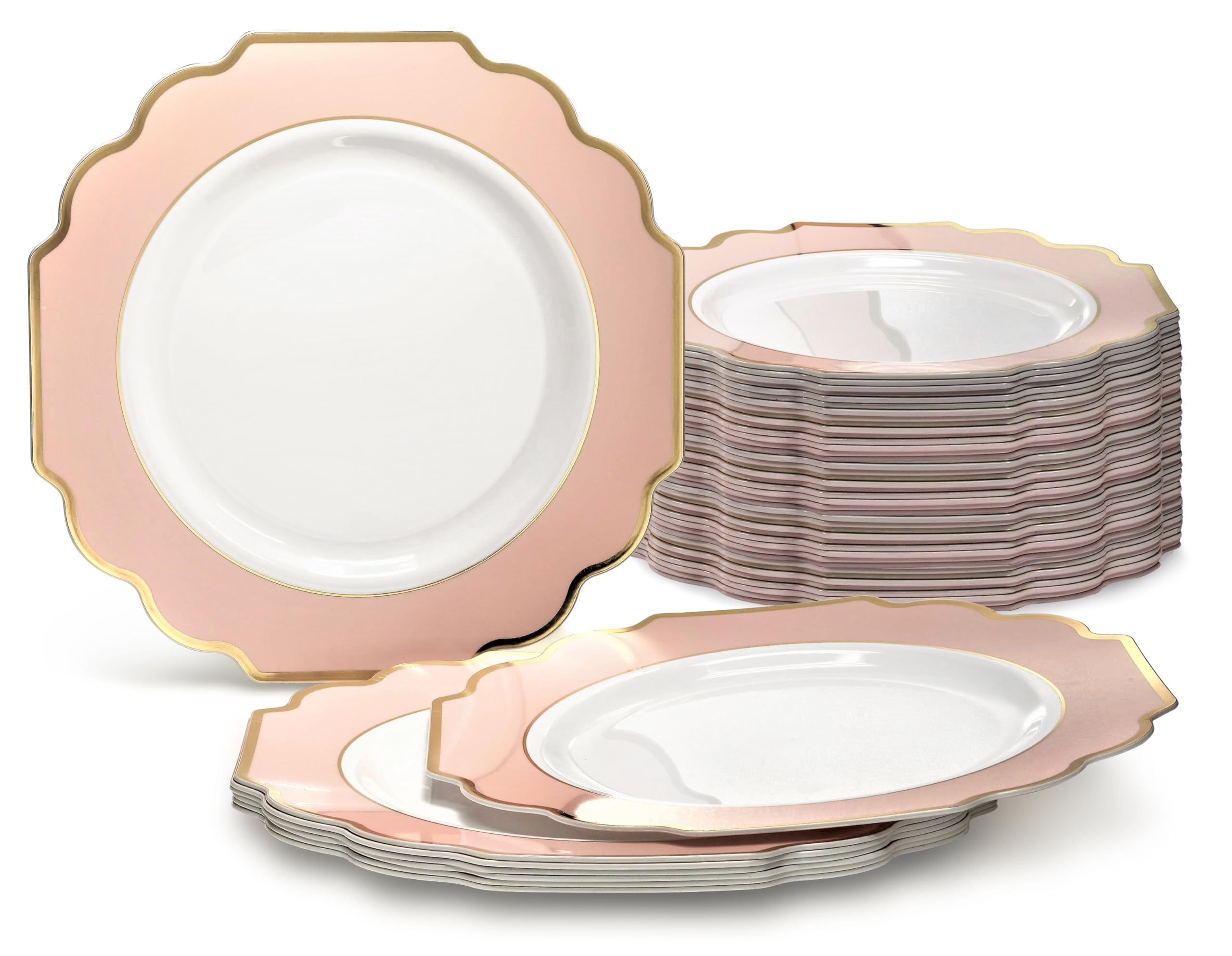 120-Pack Heavyweight Disposable Plastic Plates - 8'' Appetizer & Dessert Plates for Weddings, Parties, Events - Elegant White/Blush & Gold Design - Perfect for Catering, Banquets, and Special Occasions
