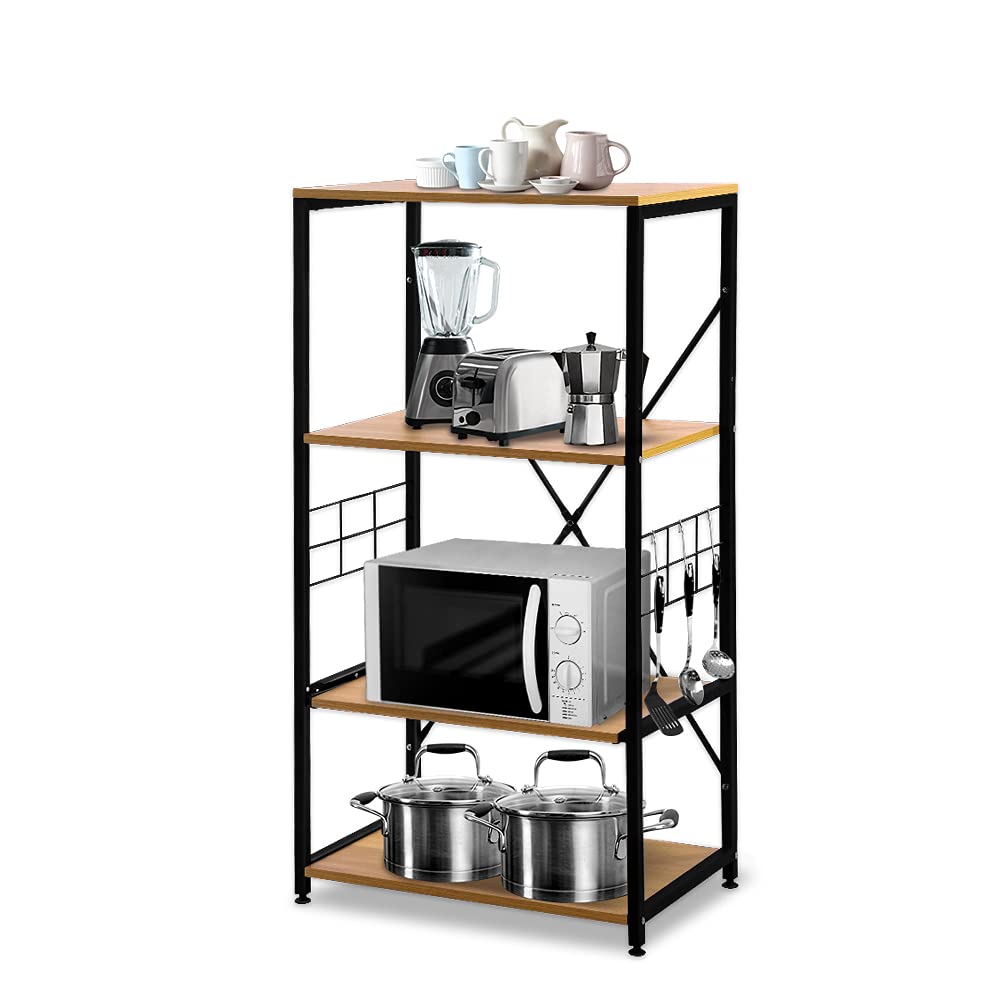 Nidouillet 4-Tier Metal Kitchen Baker's Rack with Microwave Stand - Adjustable Feet, 6 Side Hooks - Spice Rack & Pot Pan Organizer for Small Spaces - Perfect for Kitchen Storage, Pantry Organization & Baking Station Setup