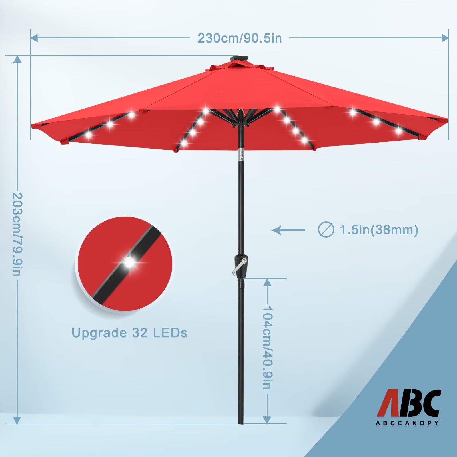 Durable 7.5FT Solar LED Patio Umbrella with 32 LED Lights - Red | Waterproof Outdoor Canopy for Garden, Poolside & Backyard | Perfect for BBQs, Parties & Relaxing